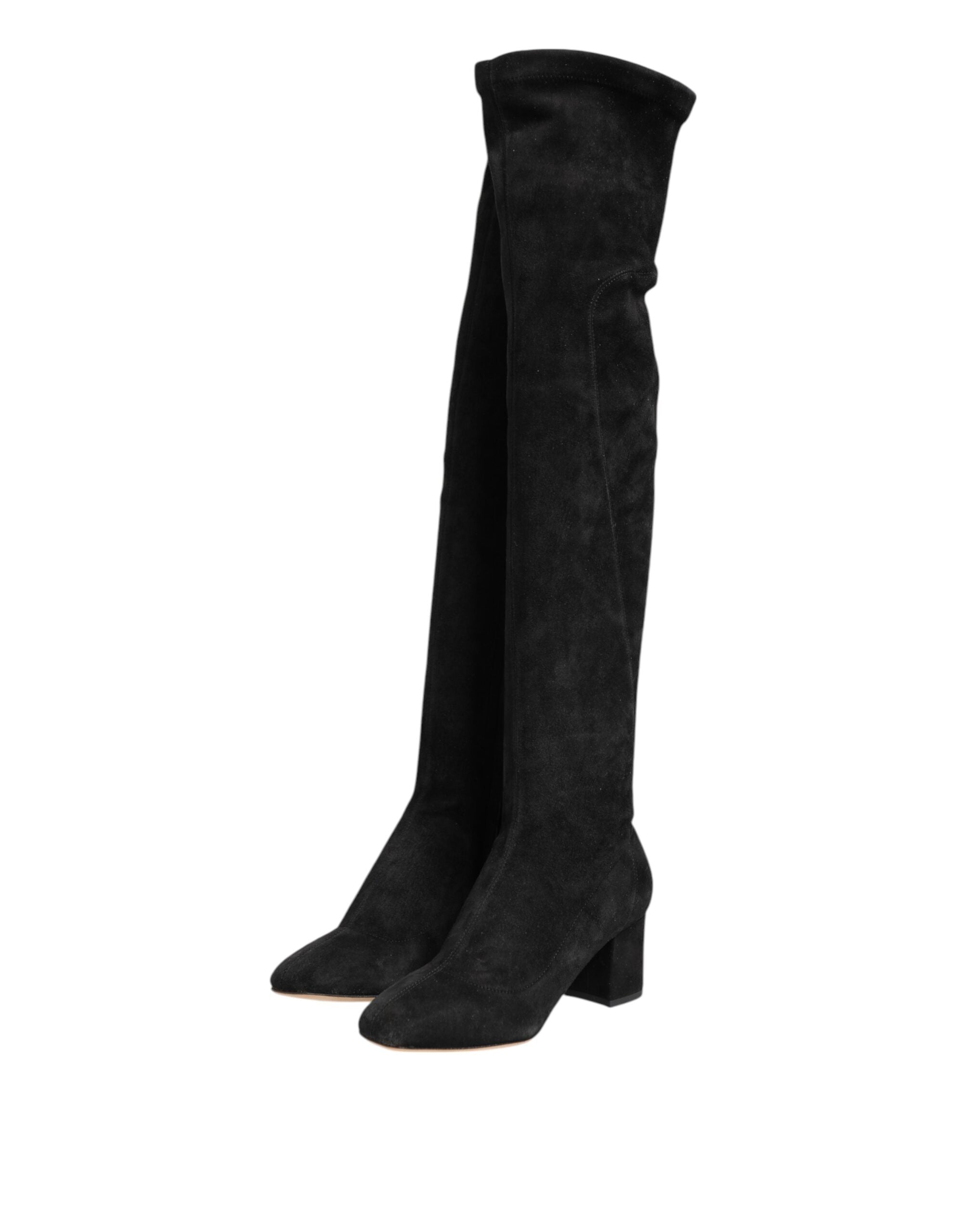 Dolce & Gabbana Black Suede Leather Knee High Boots Shoes