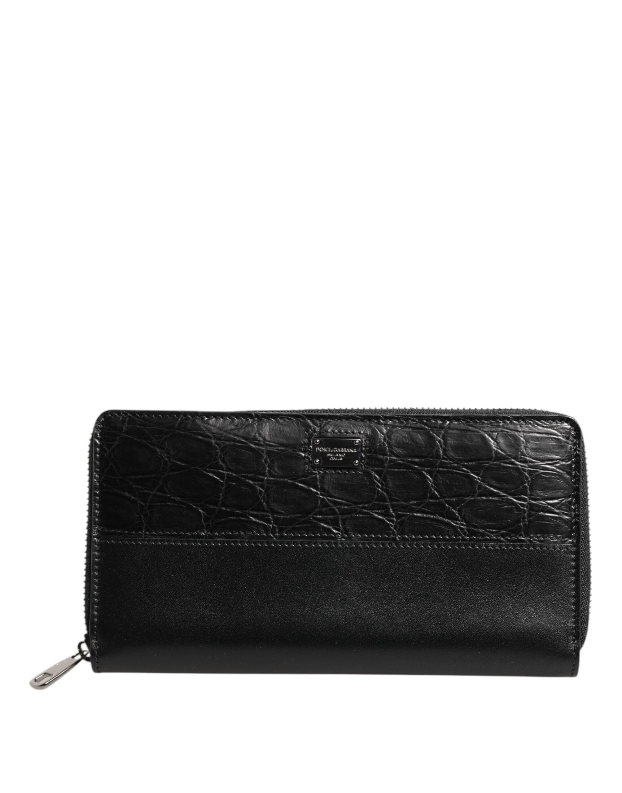 Dolce & Gabbana Black Leather DG Plaque Zip Around Continental Wallet
