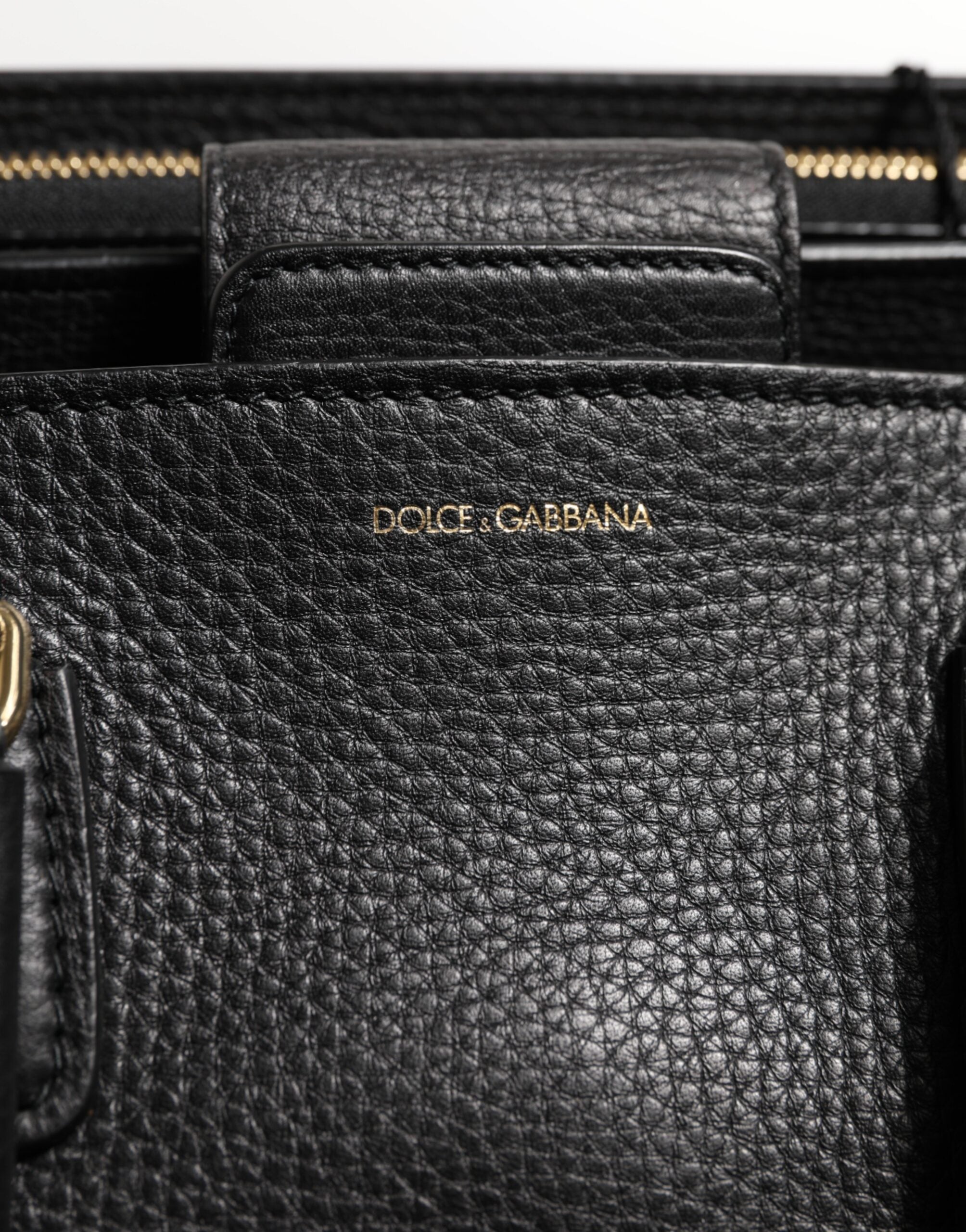 Dolce & Gabbana Black Calf Leather Logo Plaque Shoulder Tote Bag