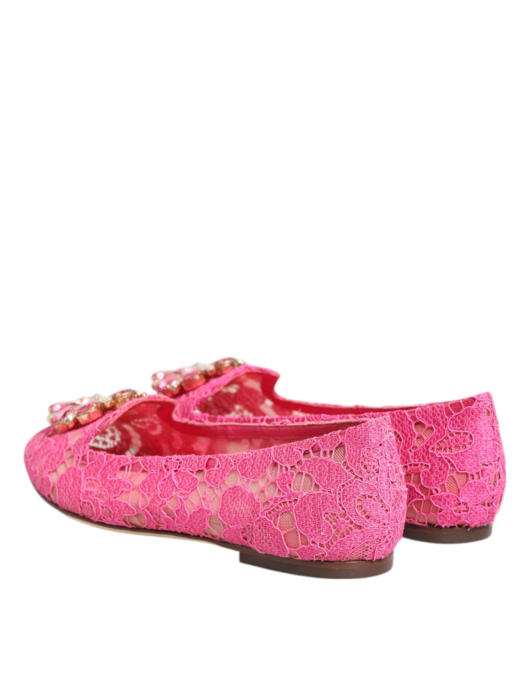 Dolce & Gabbana Pink Taormina Lace Crystals Flats Shoes