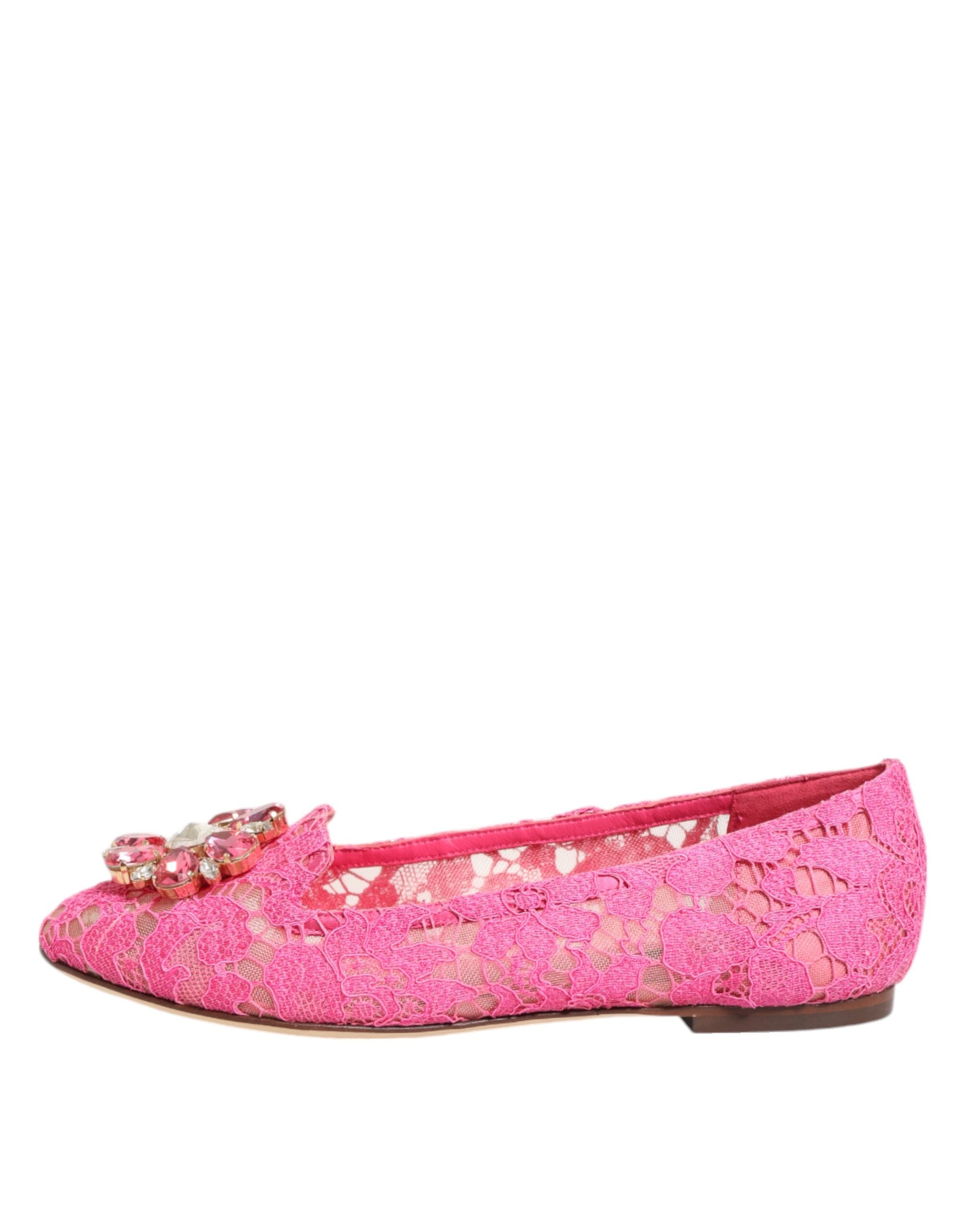 Dolce & Gabbana Pink Taormina Lace Crystals Flats Shoes