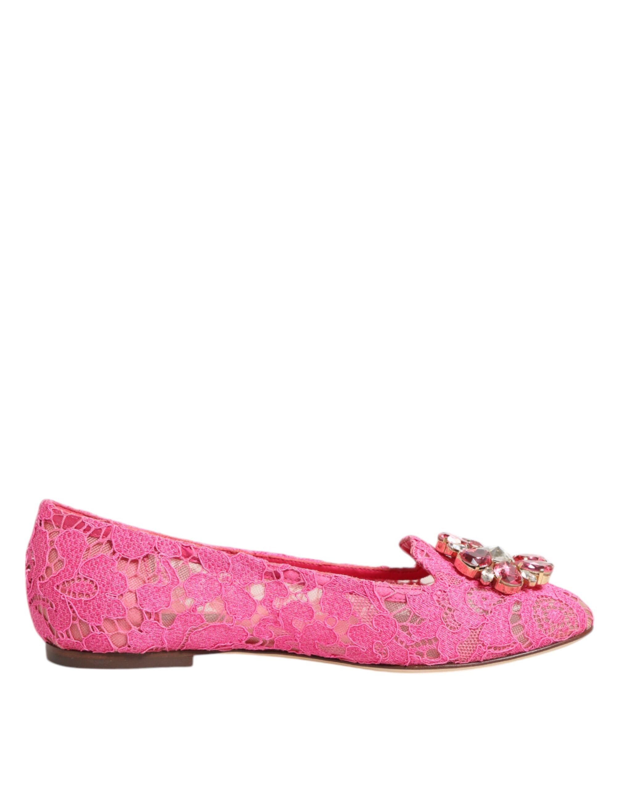 Dolce & Gabbana Pink Taormina Lace Crystals Flats Shoes