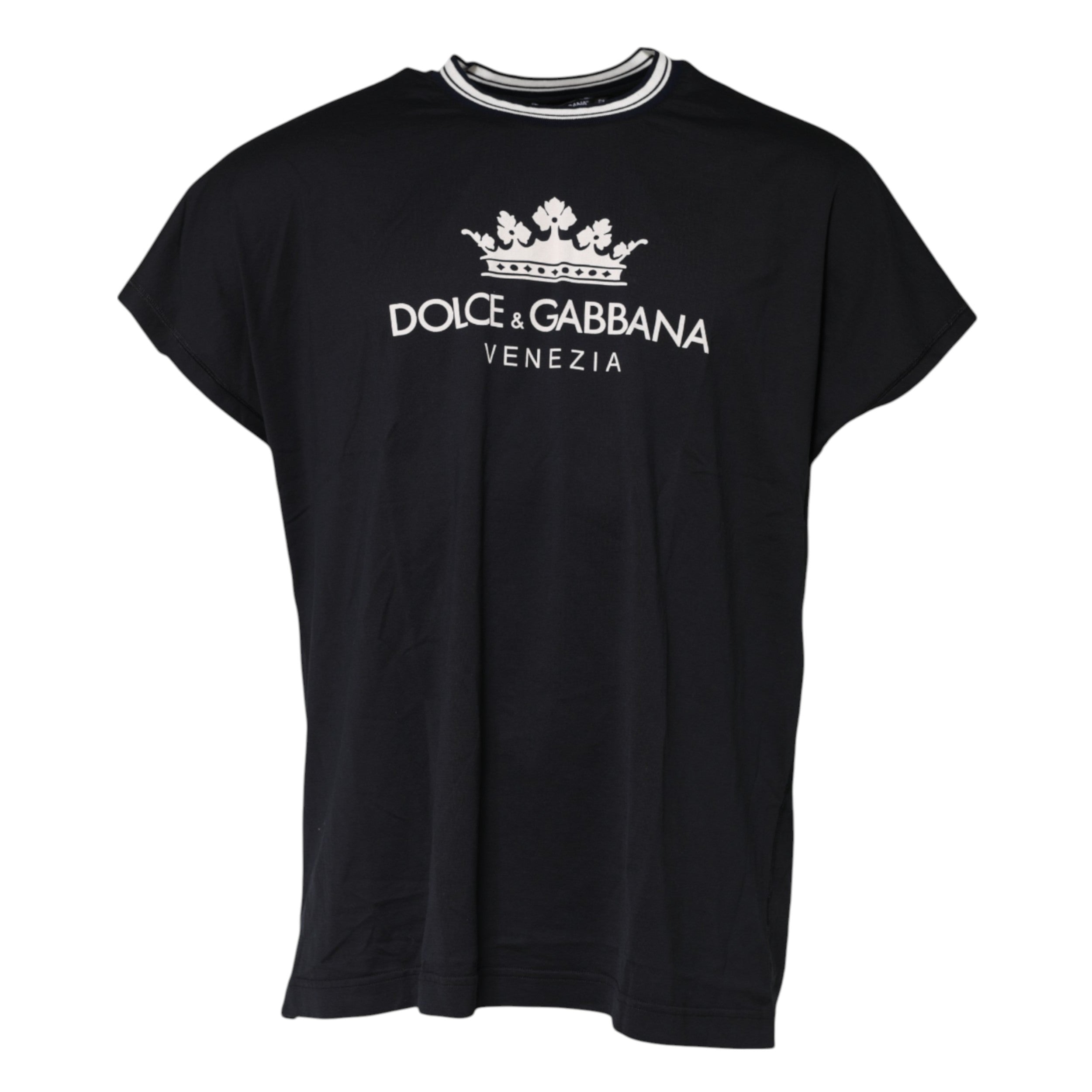Dolce & Gabbana Dark Blue Venezia Crown Cotton Crew Neck T-shirt