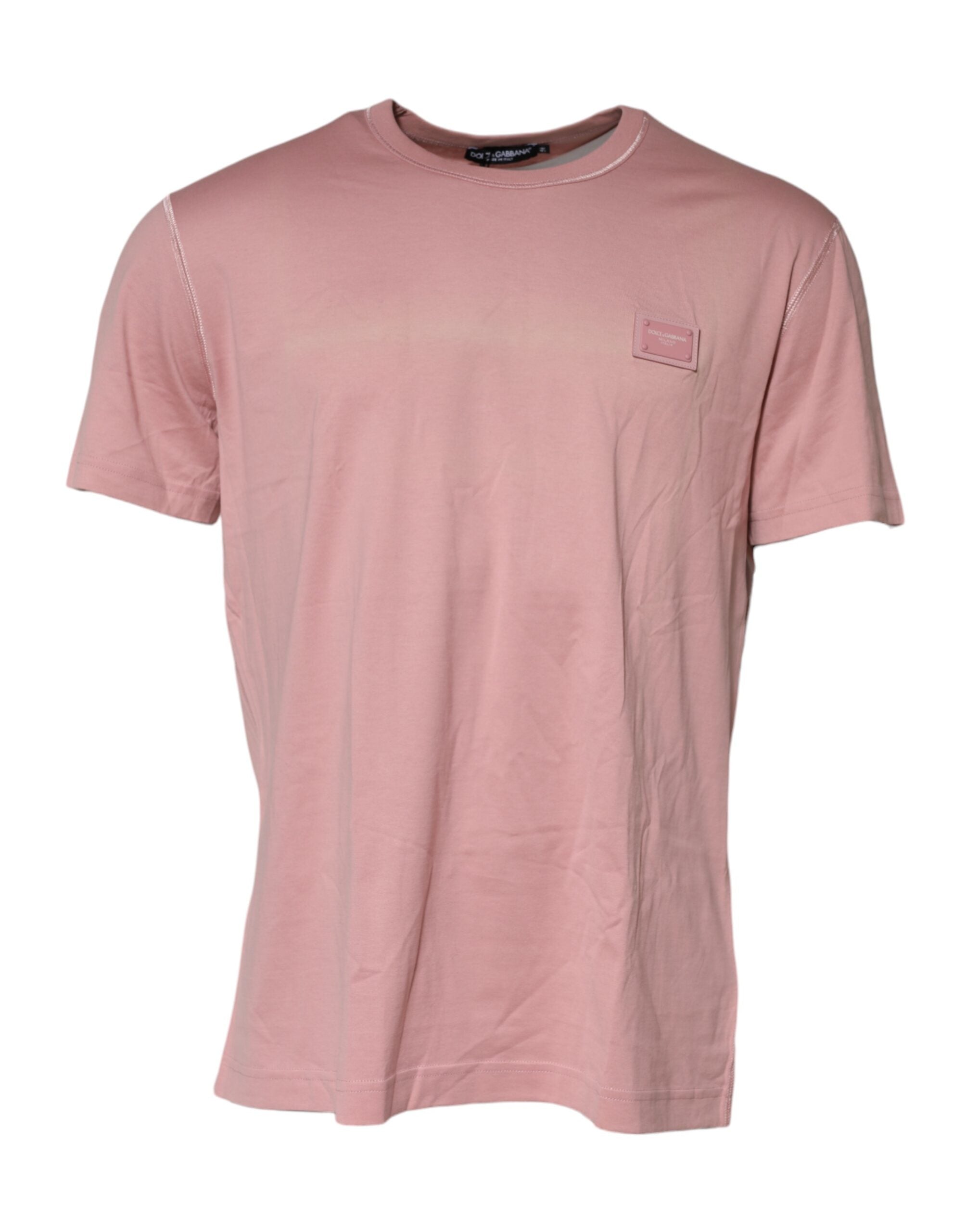 Dolce & Gabbana Pink Logo Plaque Cotton Crew Neck T-shirt