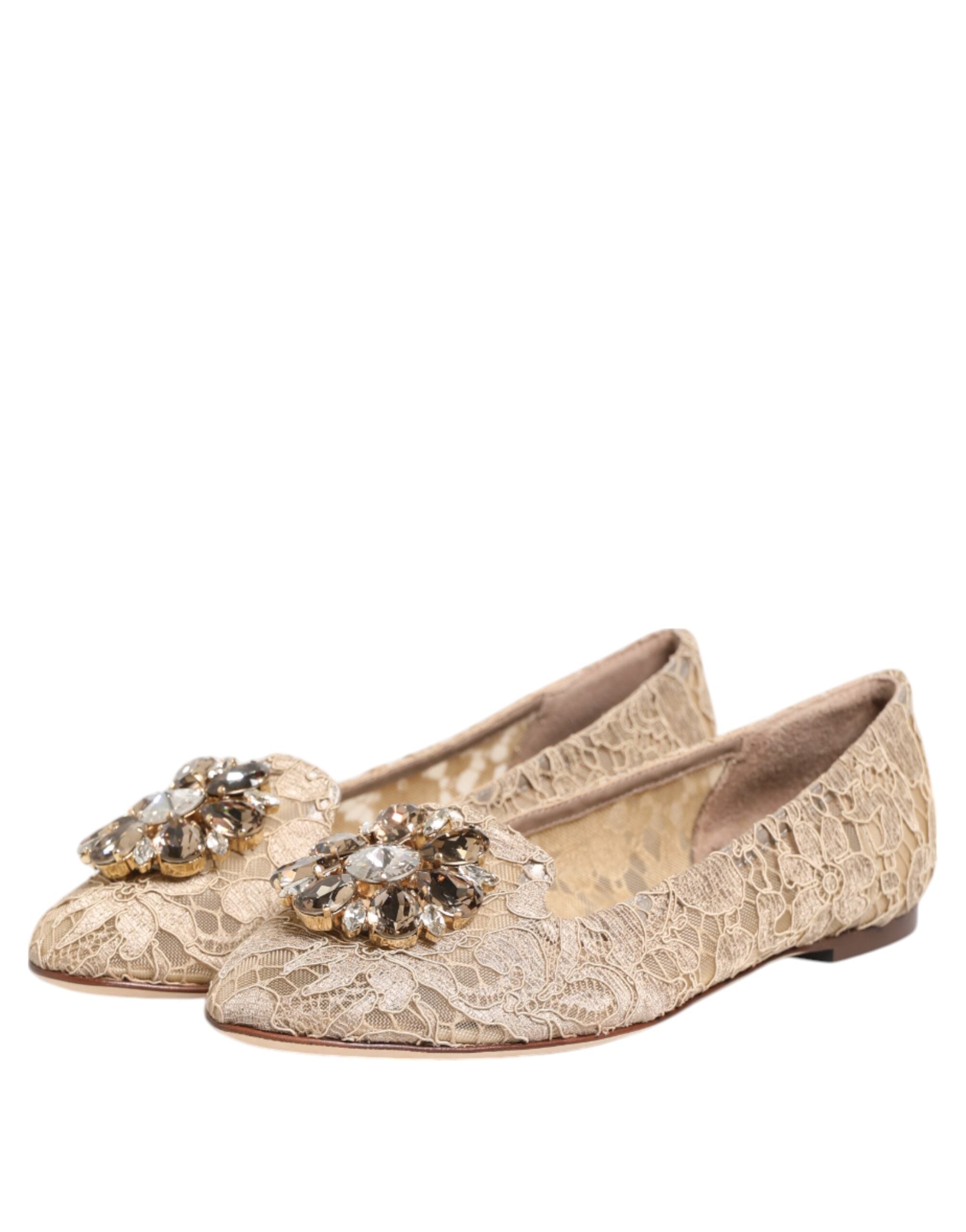 Dolce & Gabbana Ivory Taormina Lace Crystals Flats Shoes