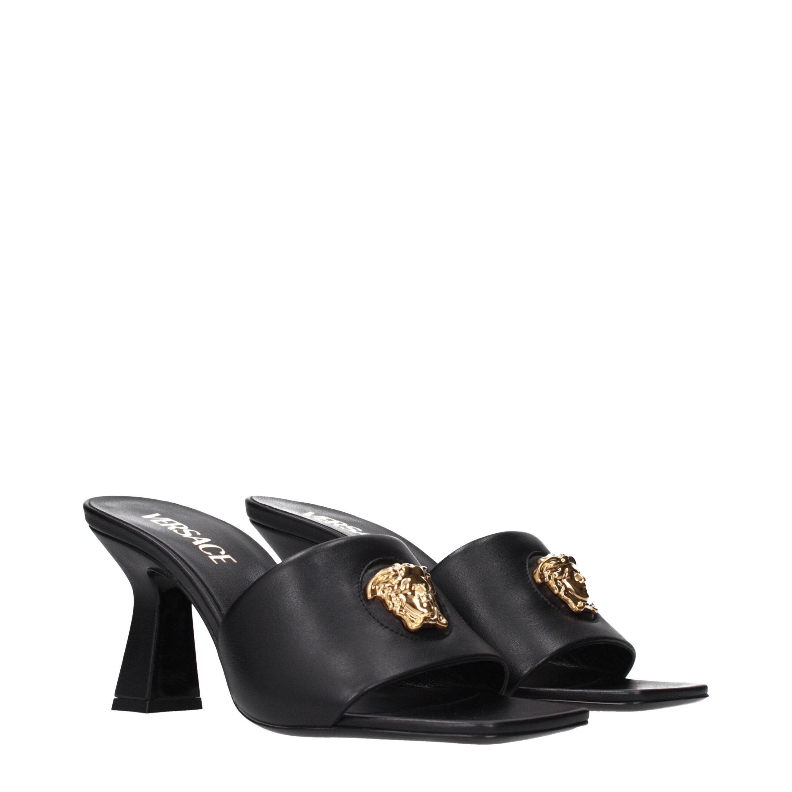 Versace Black Leather Stiletto Heels Sandals