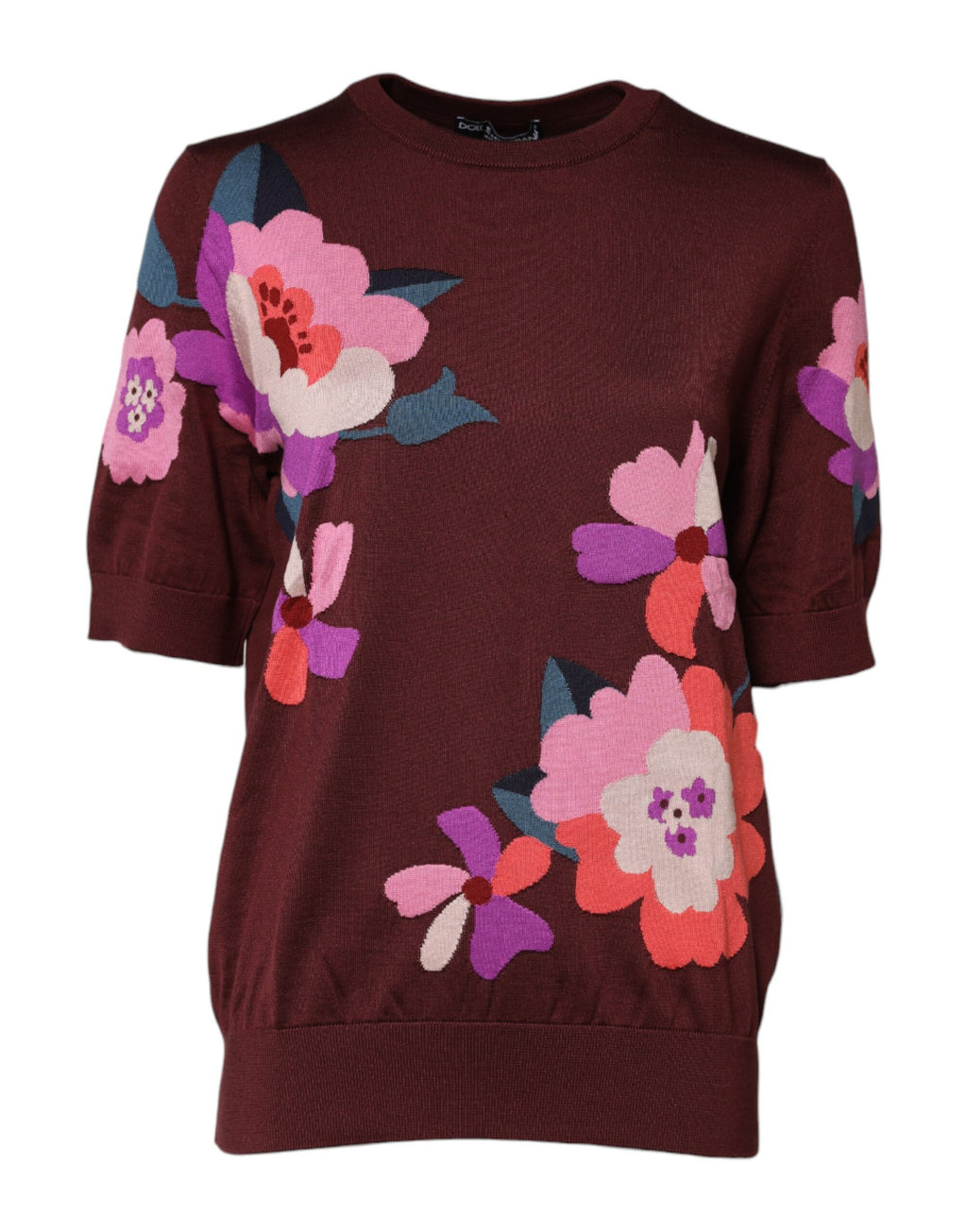 Dolce & Gabbana Maroon Floral Silk Crew Neck Blouse Top