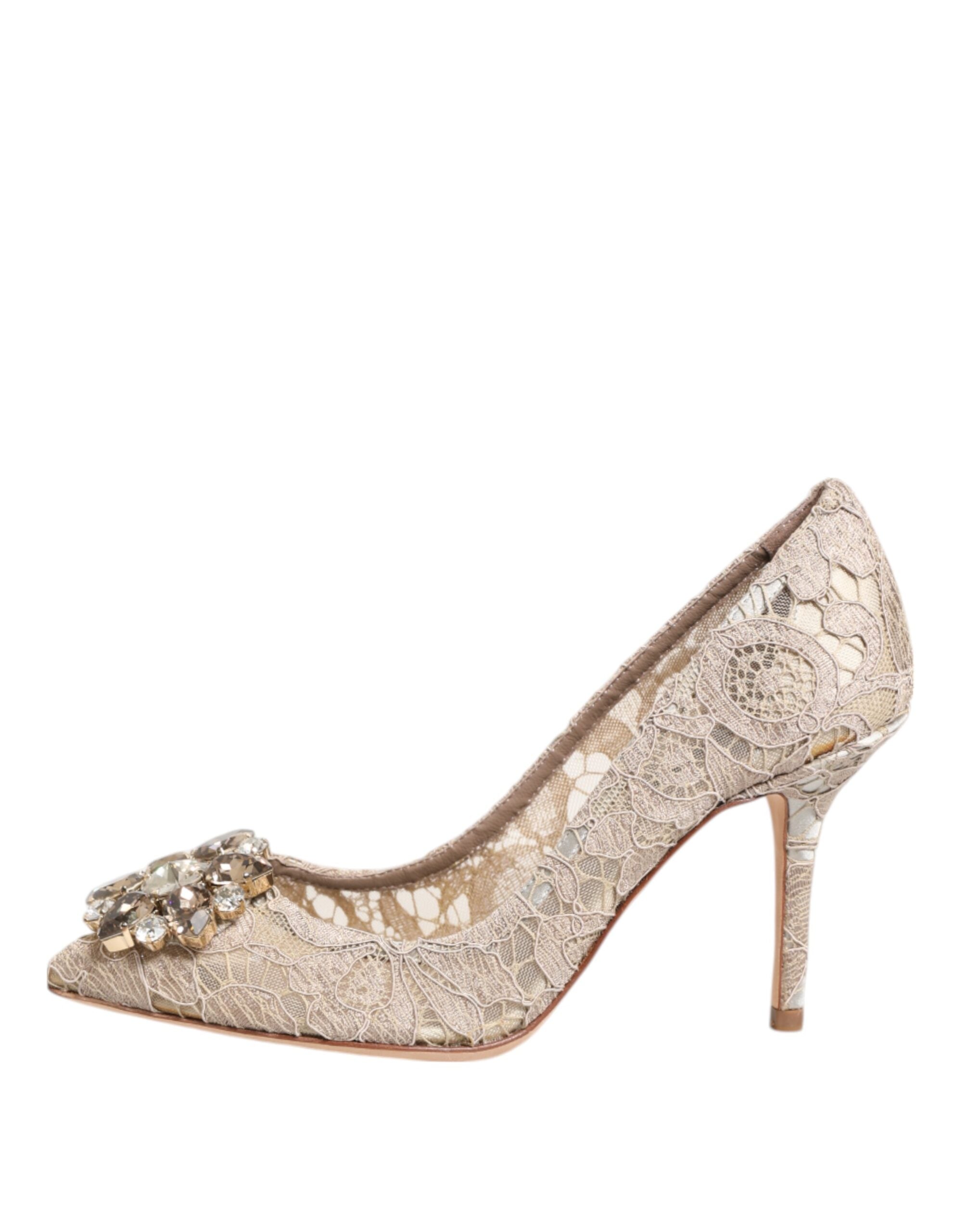 Dolce & Gabbana Beige Taormina Lace Crystal Heels Pumps Shoes