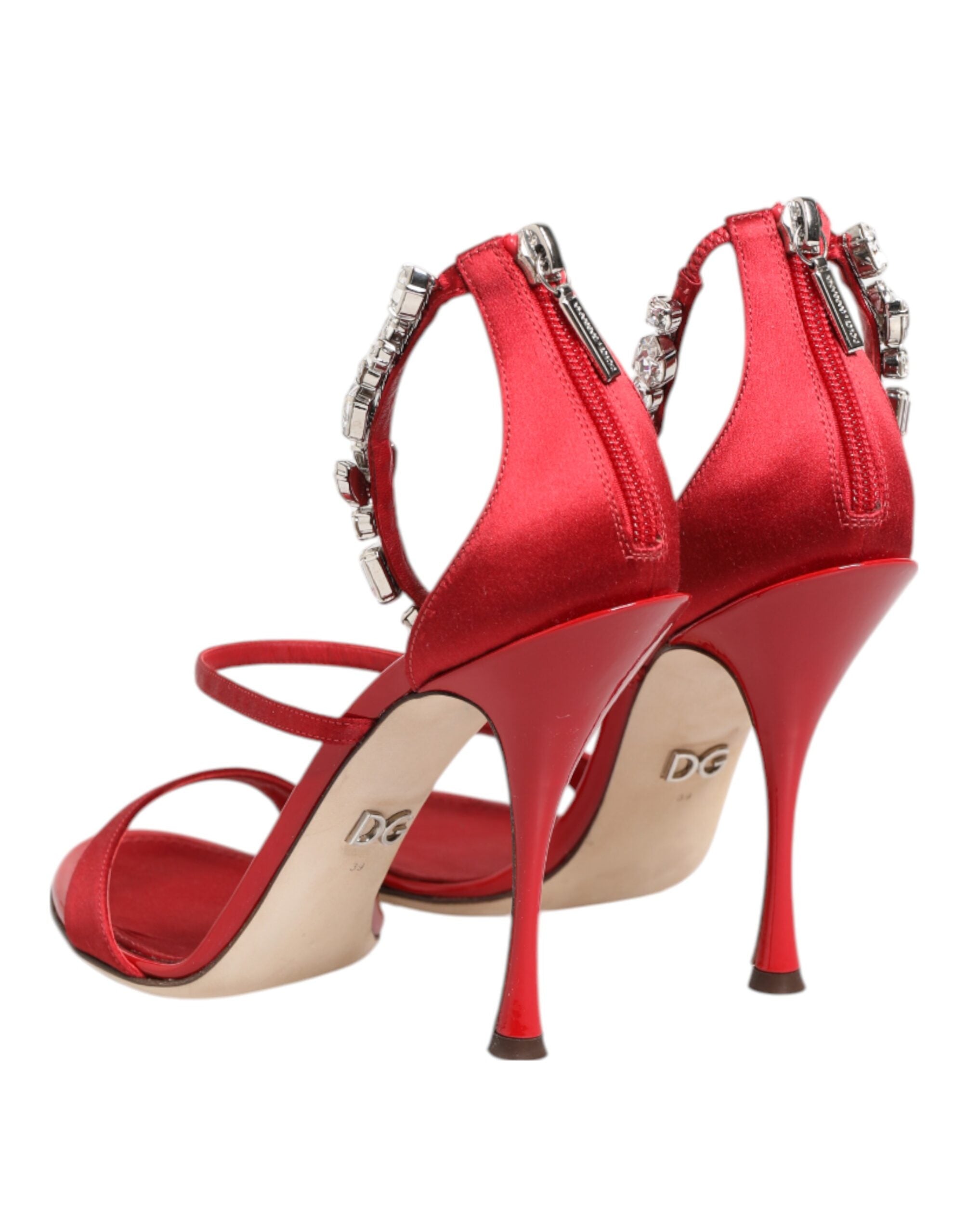 Dolce & Gabbana Red Satin Crystals Keira Sandals Heel Shoes