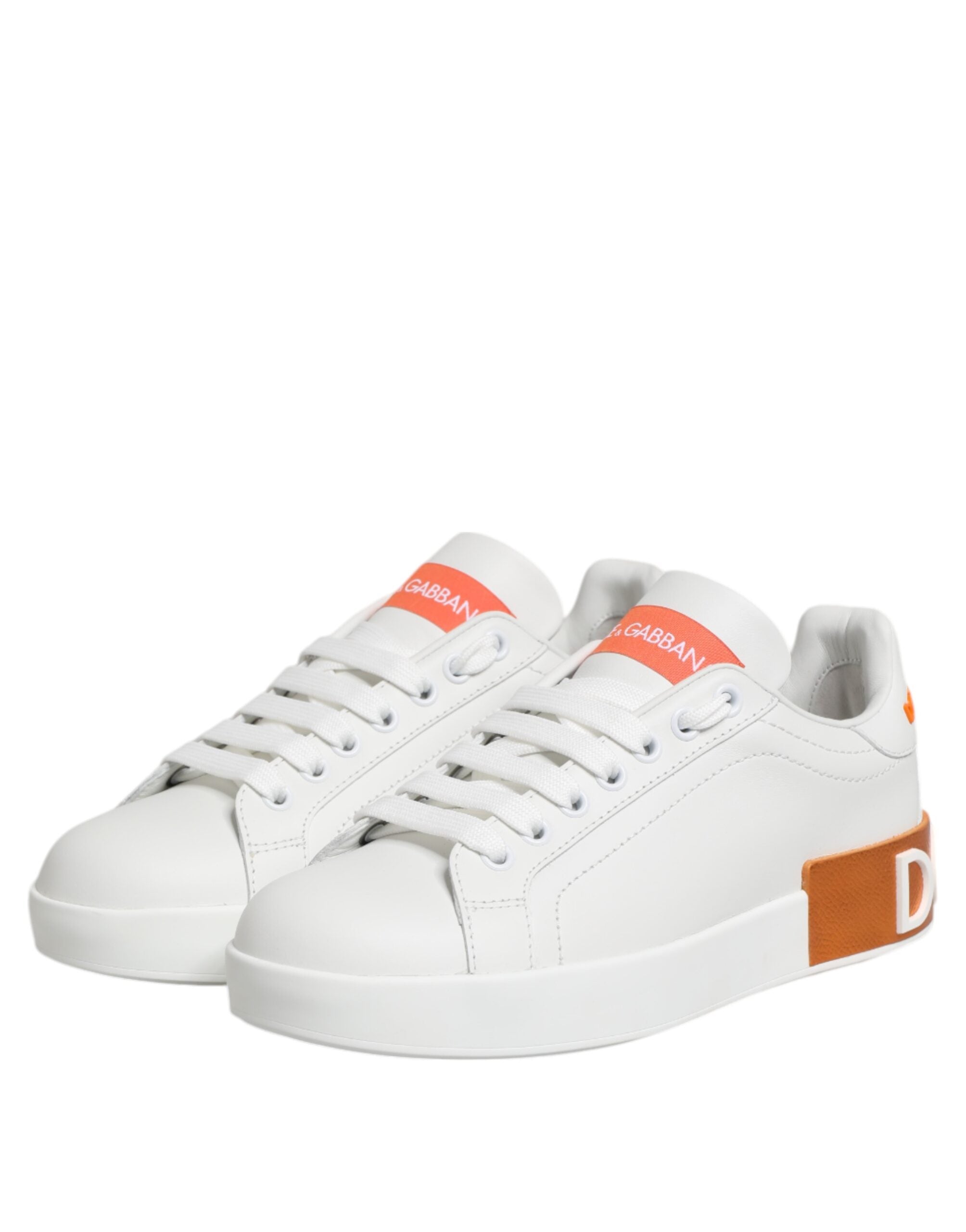 Dolce & Gabbana White Orange Leather Low Top Sneakers Shoes