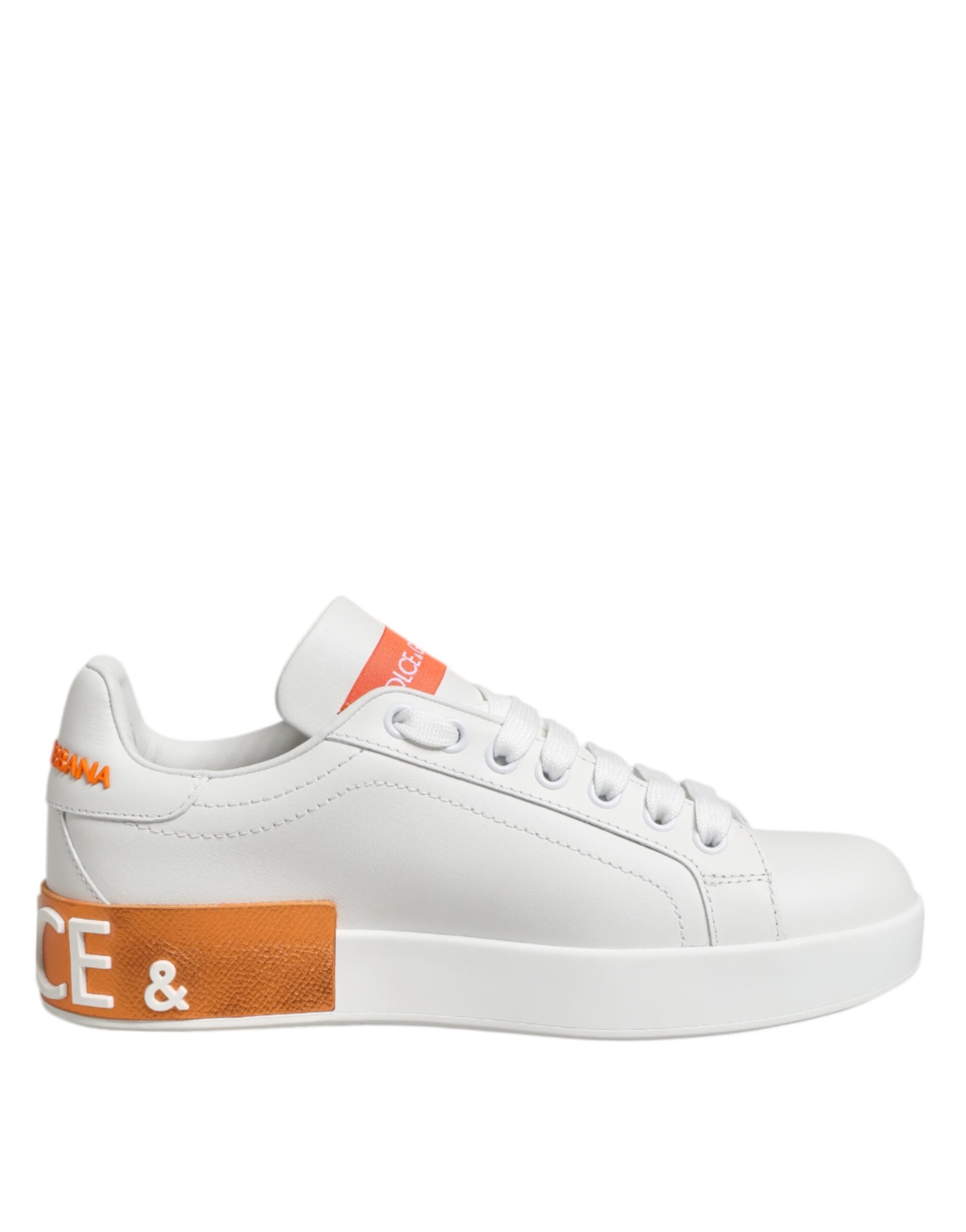 Dolce & Gabbana White Orange Leather Low Top Sneakers Shoes