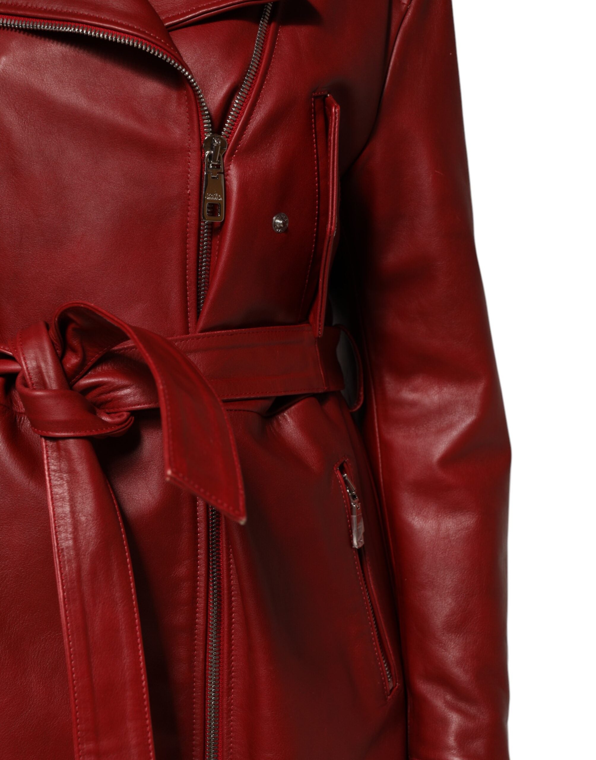 Dolce & Gabbana Red Leather Belted Full Zip Trench Coat Jacket