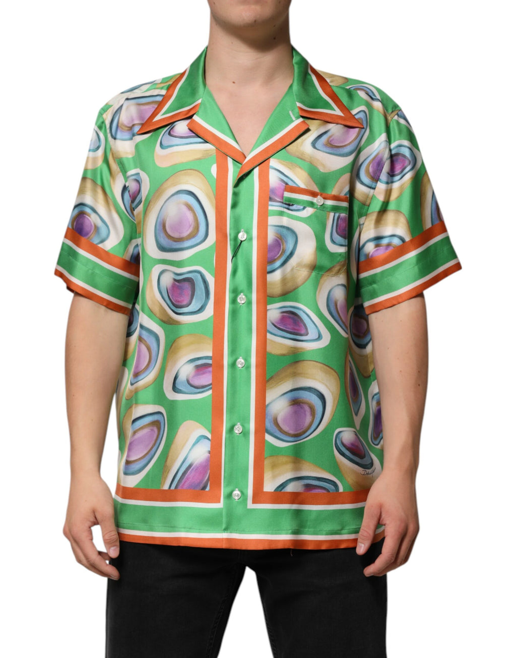 Dolce & Gabbana Green Printed Silk Short Sleeves Men Shirt