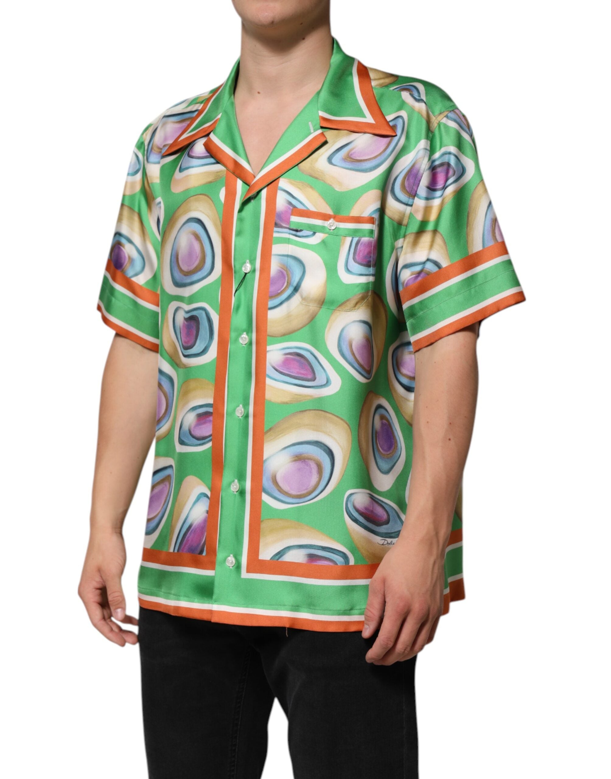 Dolce & Gabbana Green Printed Silk Short Sleeves Men Shirt