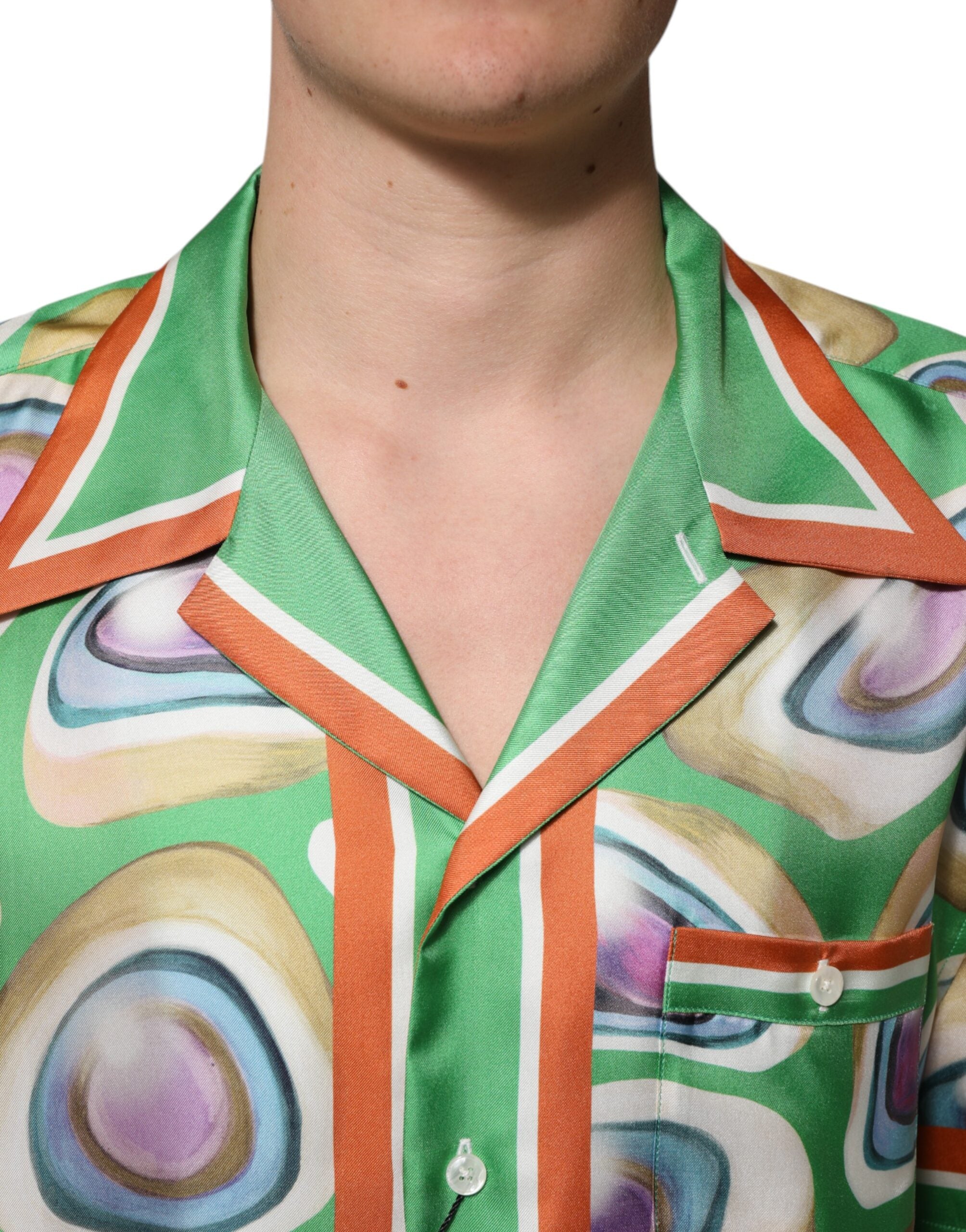 Dolce & Gabbana Green Printed Silk Short Sleeves Men Shirt