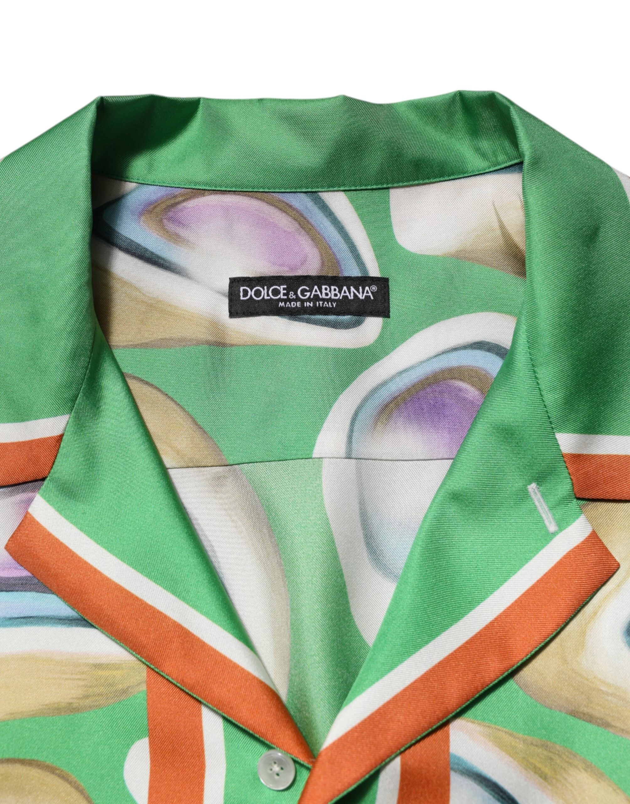 Dolce & Gabbana Green Printed Silk Short Sleeves Men Shirt