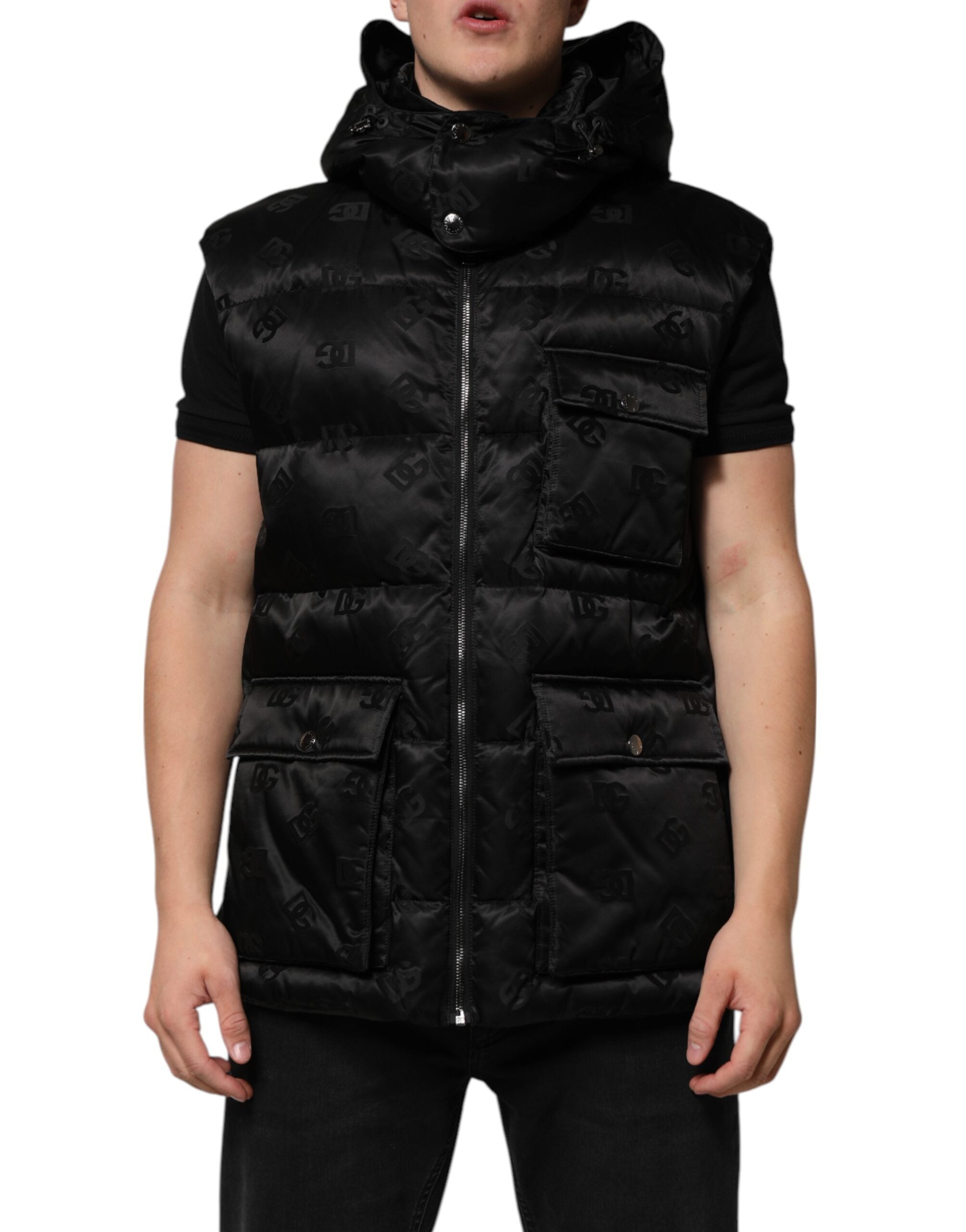 Dolce & Gabbana Black Quilted Sleeveless Hooded Vest Jacket