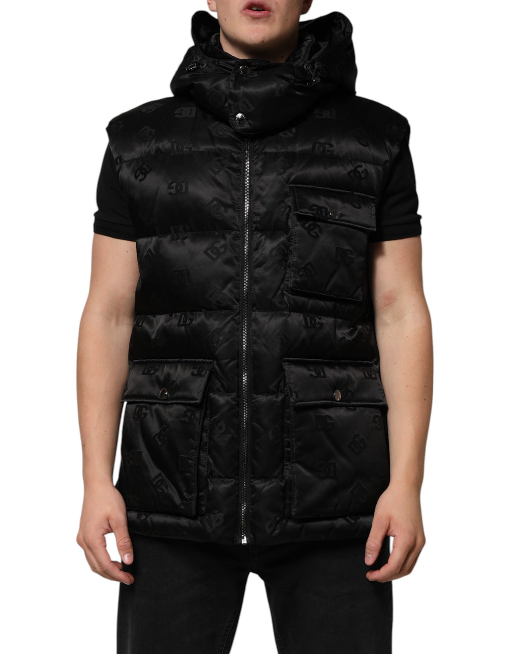 Dolce & Gabbana Black Quilted Sleeveless Hooded Vest Jacket