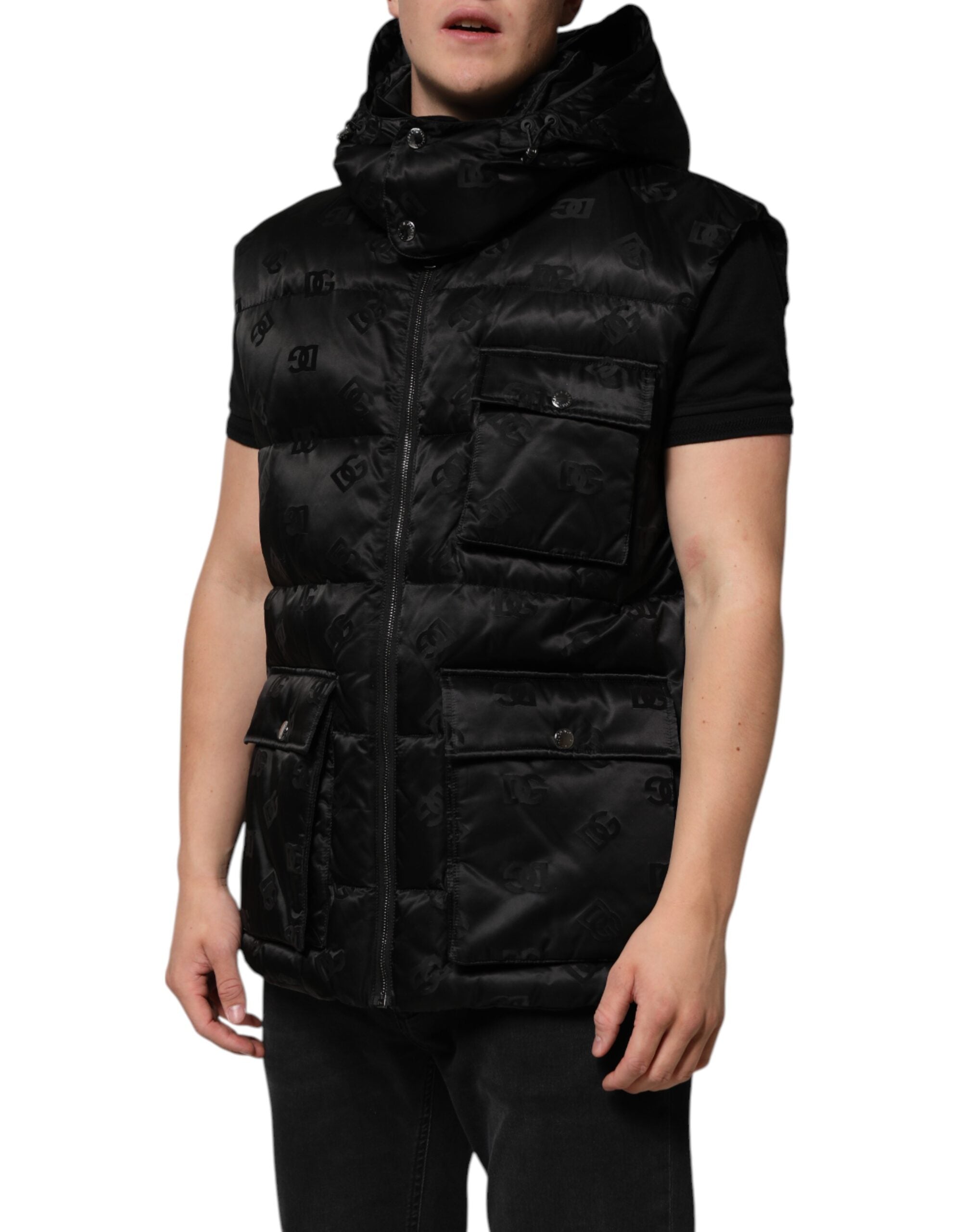 Dolce & Gabbana Black Quilted Sleeveless Hooded Vest Jacket