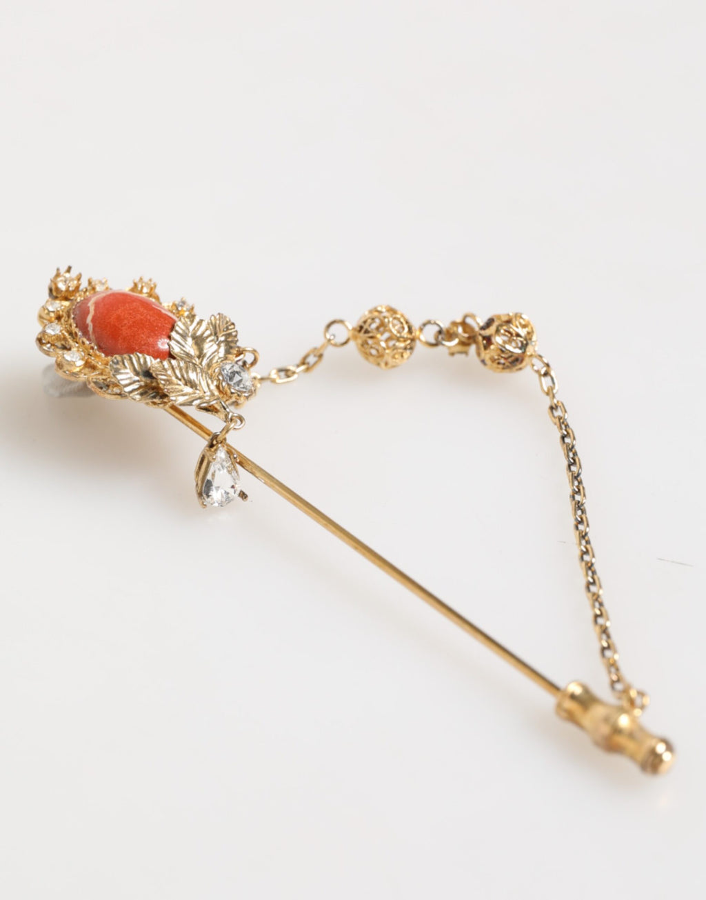 Dolce & Gabbana Gold Brass Crystal Chain 925 Sterling Silver Pin Brooch