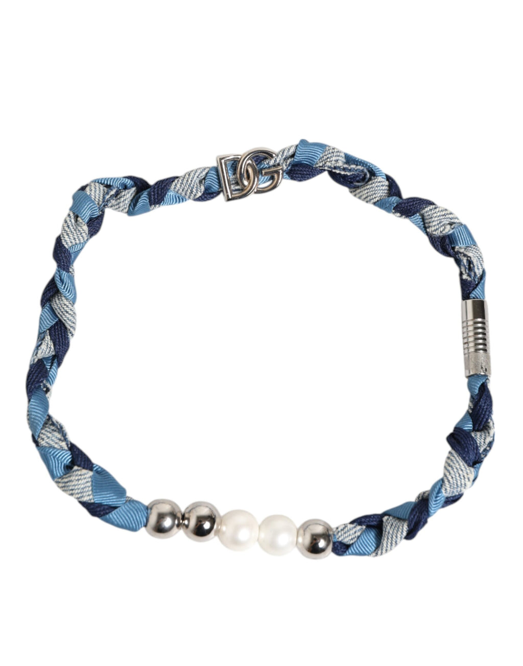 Dolce & Gabbana Blue White Braided Silver Metal Logo Beaded Men Bracelet