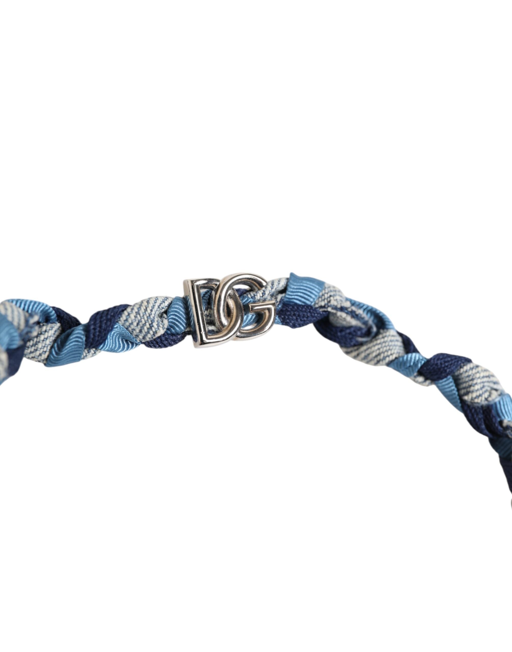 Dolce & Gabbana Blue White Braided Silver Metal Logo Beaded Men Bracelet