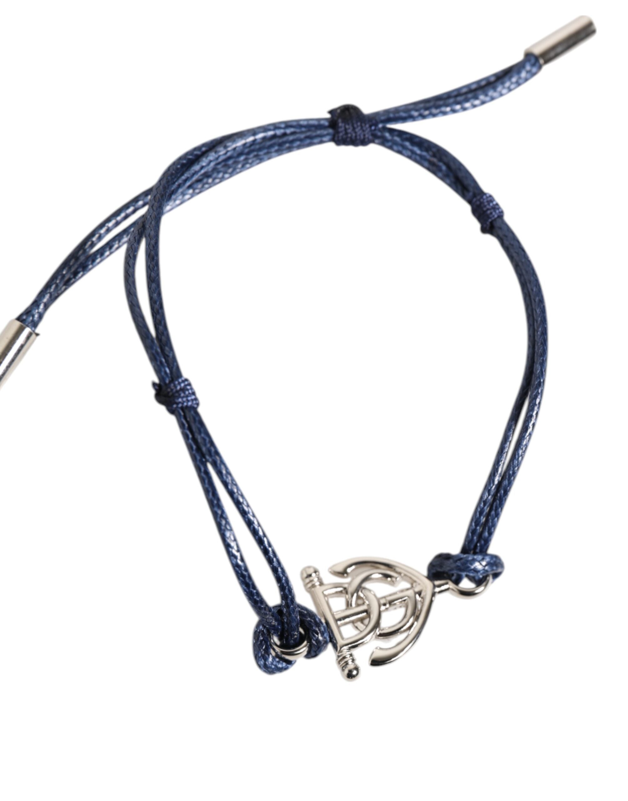 Dolce & Gabbana Silver Tone Brass DG Logo Blue Cord MARINA Men Bracelet