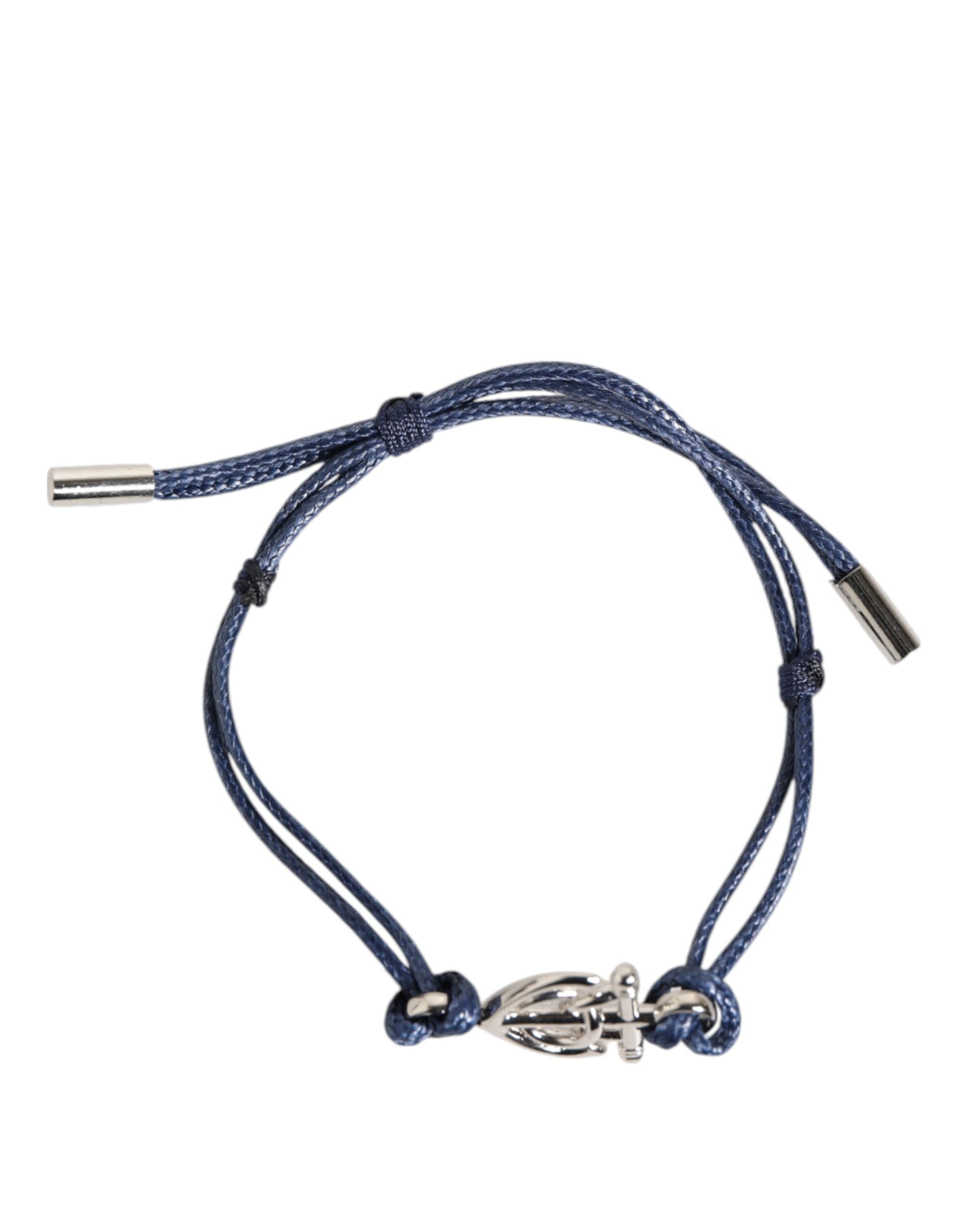 Dolce & Gabbana Silver Tone Brass DG Logo Blue Cord MARINA Men Bracelet