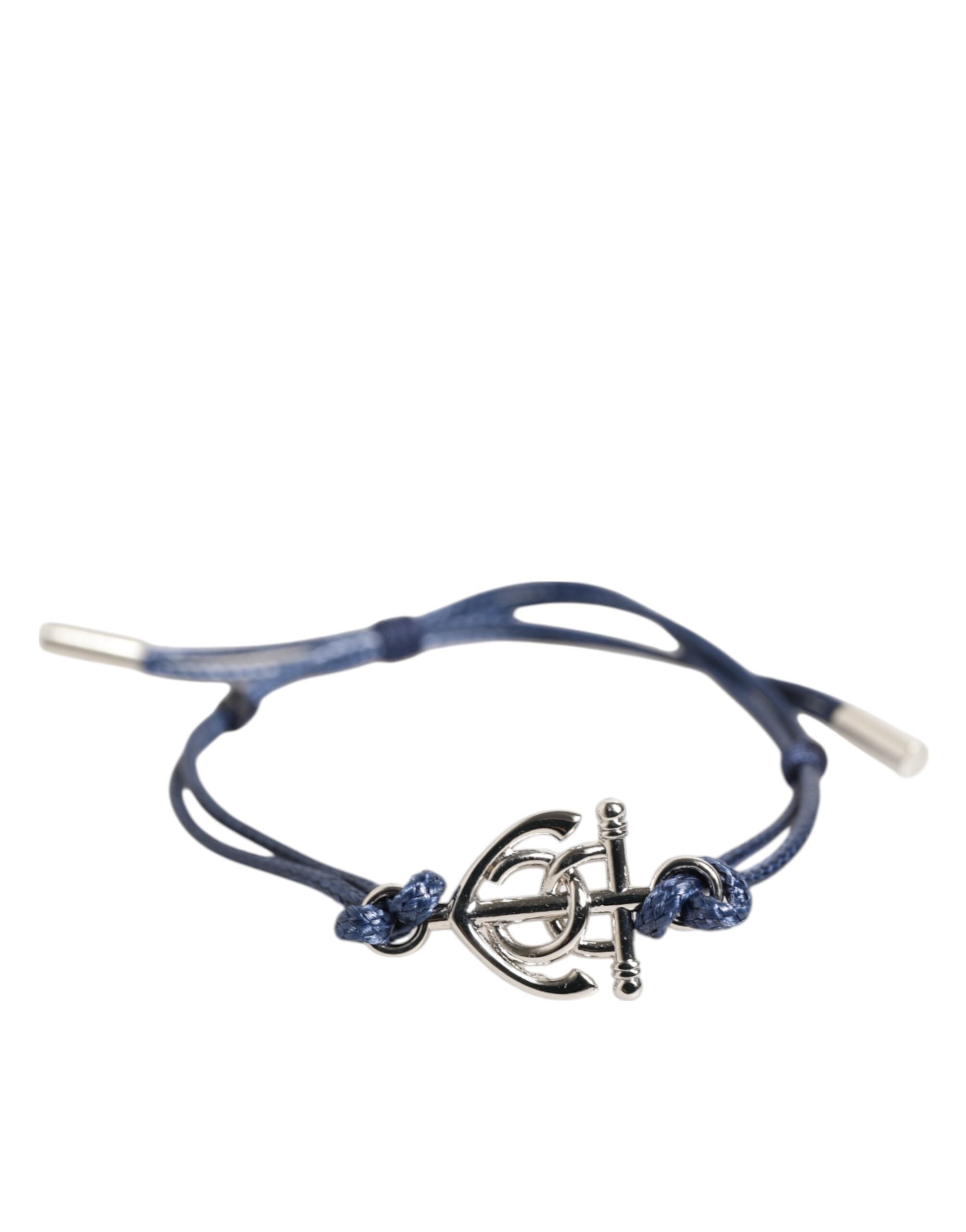 Dolce & Gabbana Silver Tone Brass DG Logo Blue Cord MARINA Men Bracelet