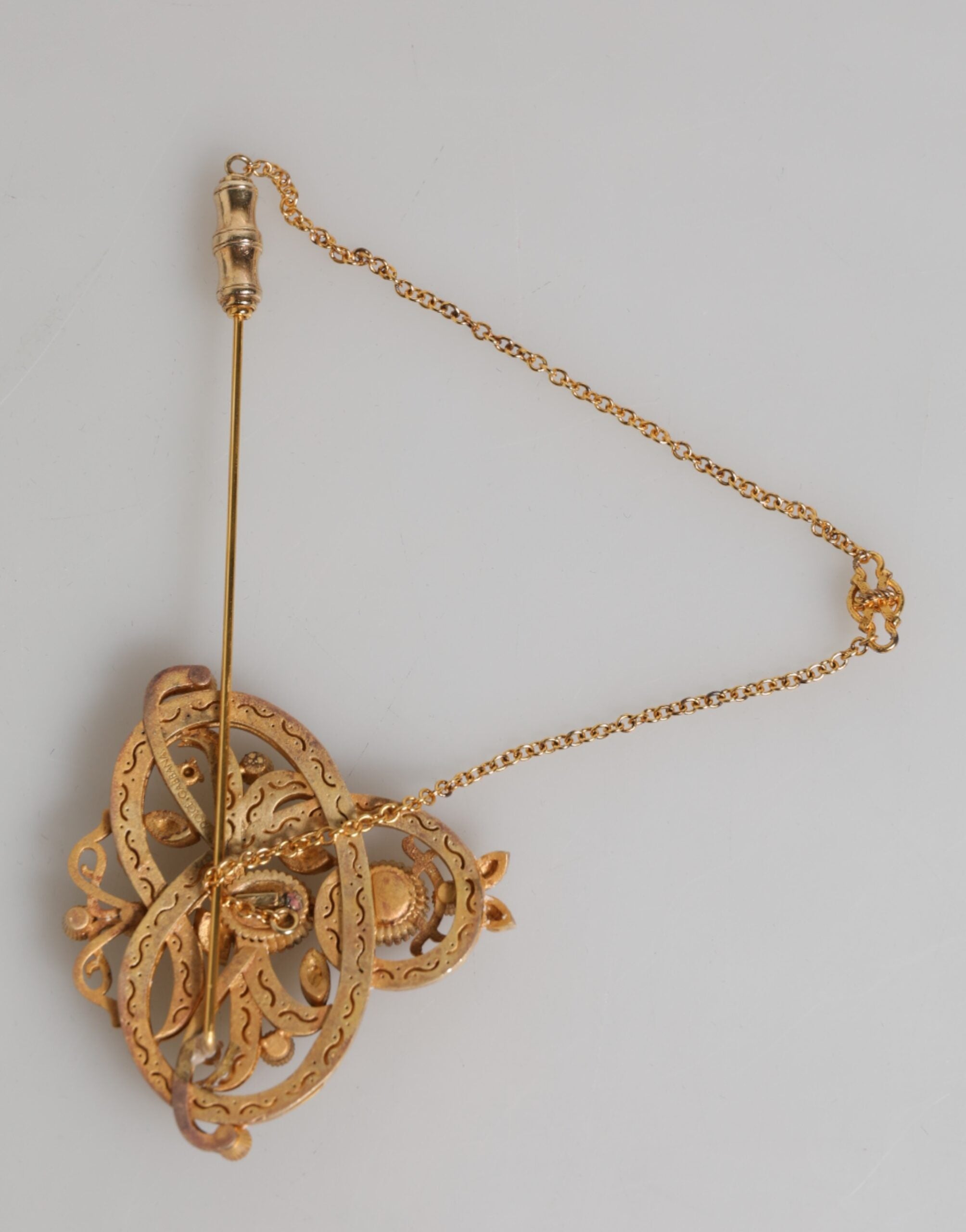 Dolce & Gabbana Gold Tone 925 Sterling Silver Crystal Chain Brooch Pin