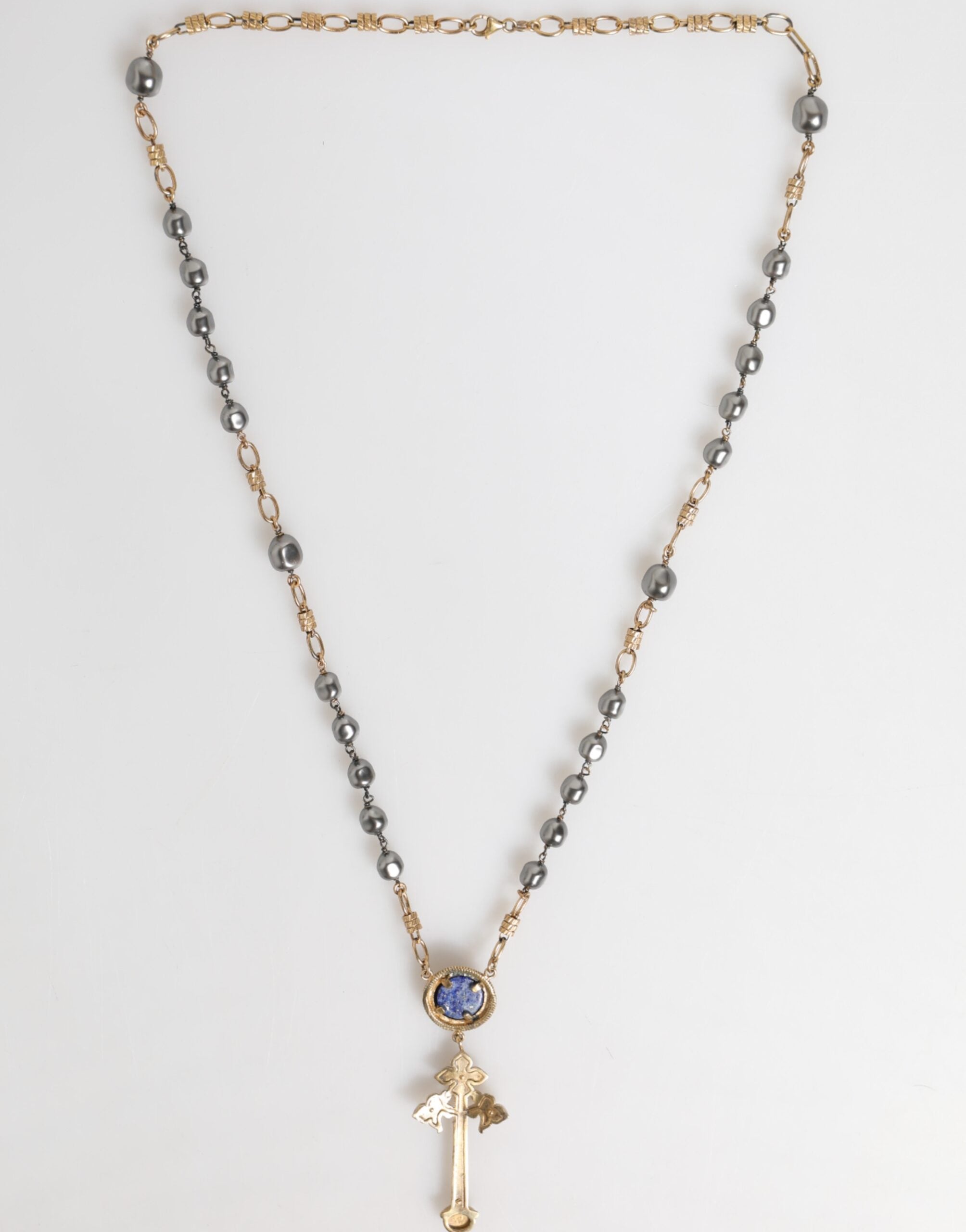 Dolce & Gabbana Gold Tone Beaded Chain Religious Cross Necklace