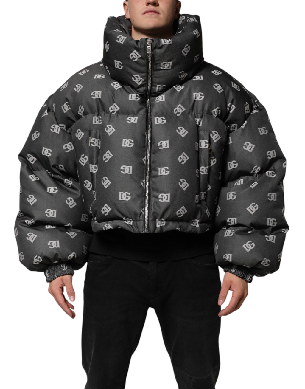 Dolce & Gabbana Black DG Monogram Full Zip Puffer Men Jacket