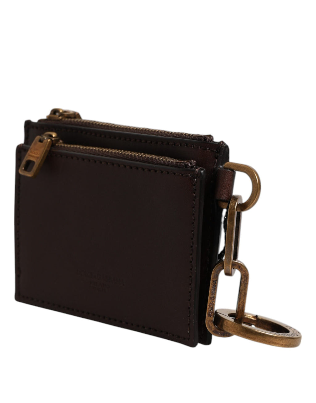 Dolce & Gabbana Brown Calf Leather Zip Logo Keyring Coin Purse Men Wallet