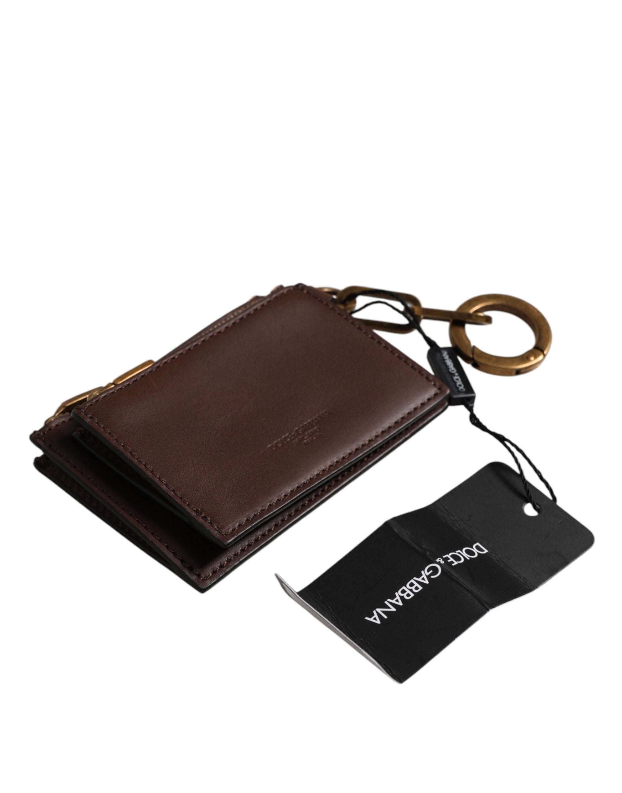 Dolce & Gabbana Brown Calf Leather Zip Logo Keyring Coin Purse Men Wallet