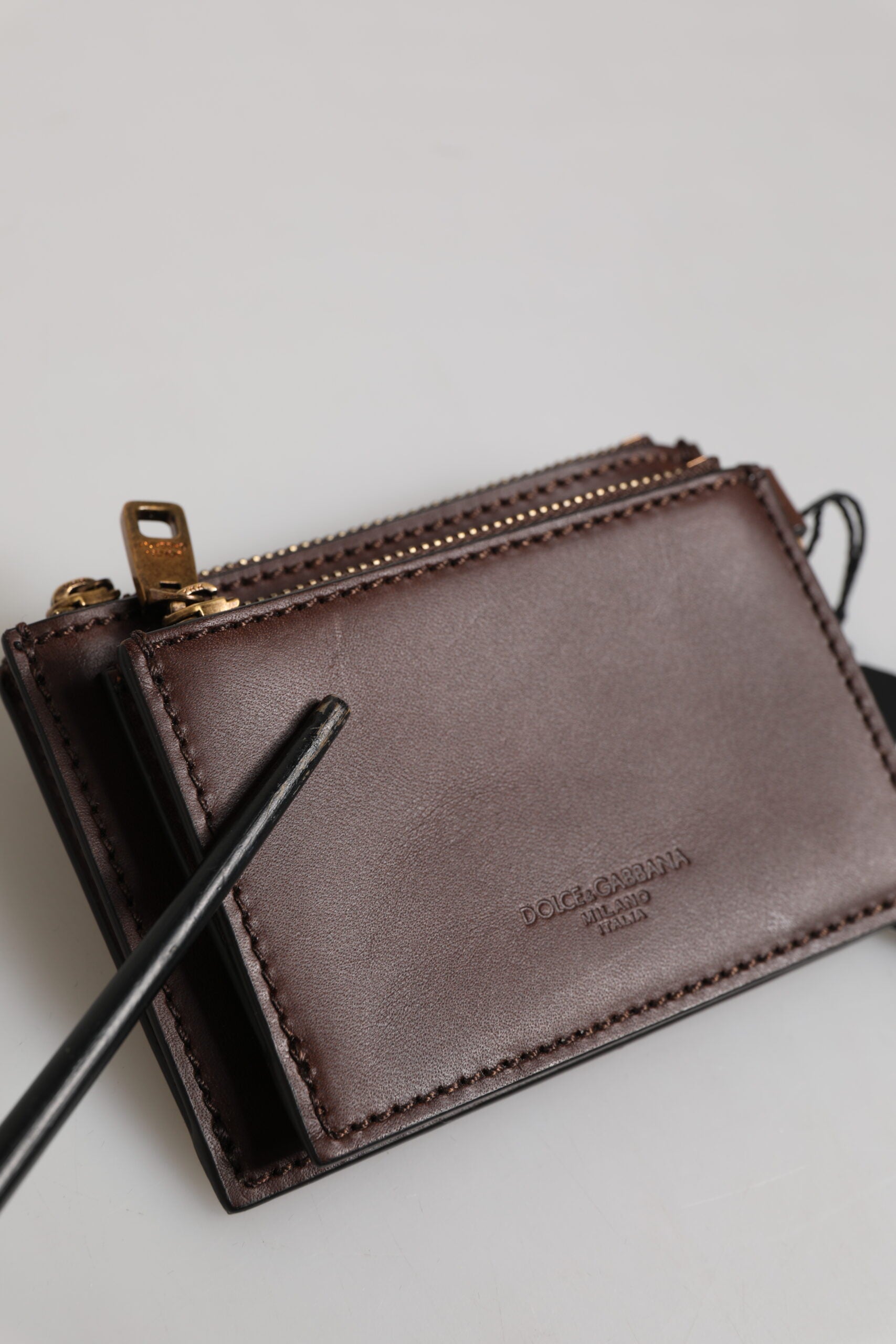 Dolce & Gabbana Brown Calf Leather Zip Logo Keyring Coin Purse Men Wallet