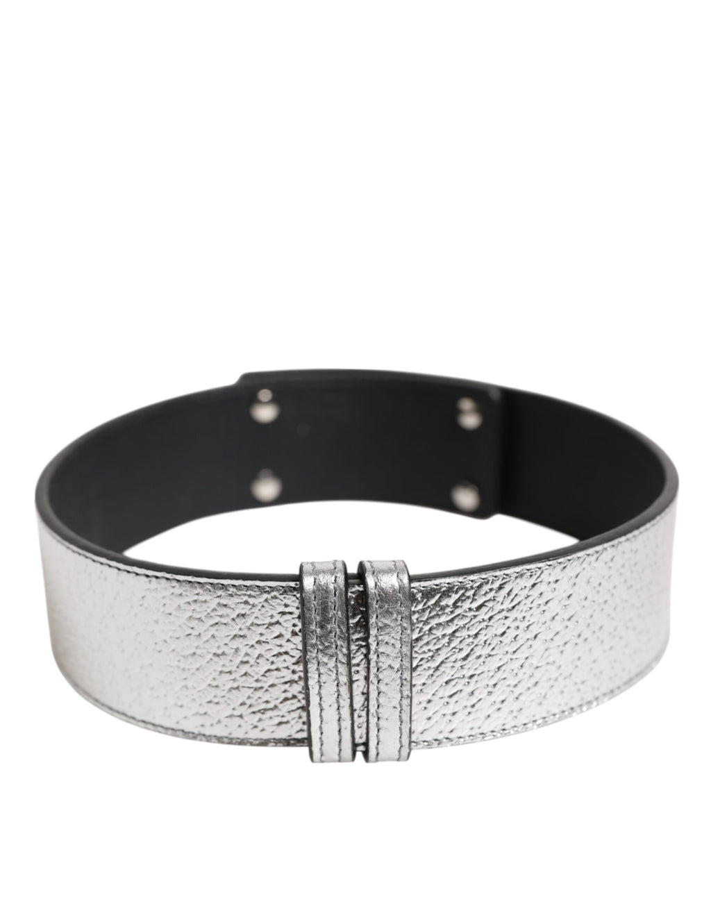 Dolce & Gabbana Silver Textured Leather Gold Tone Metal Neckband