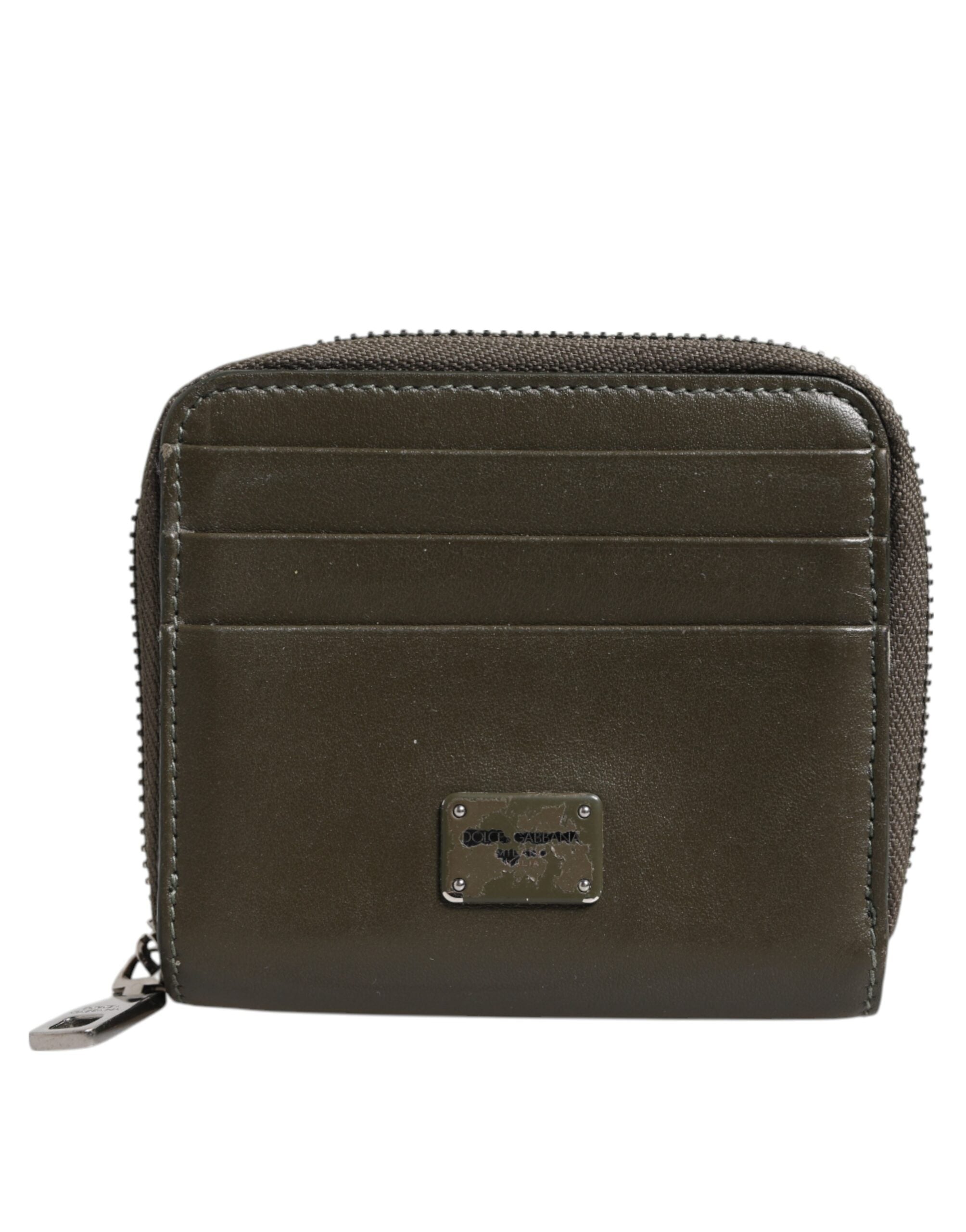 Dolce & Gabbana Brown Leather Logo Plaque Card Holder Coin Purse Wallet