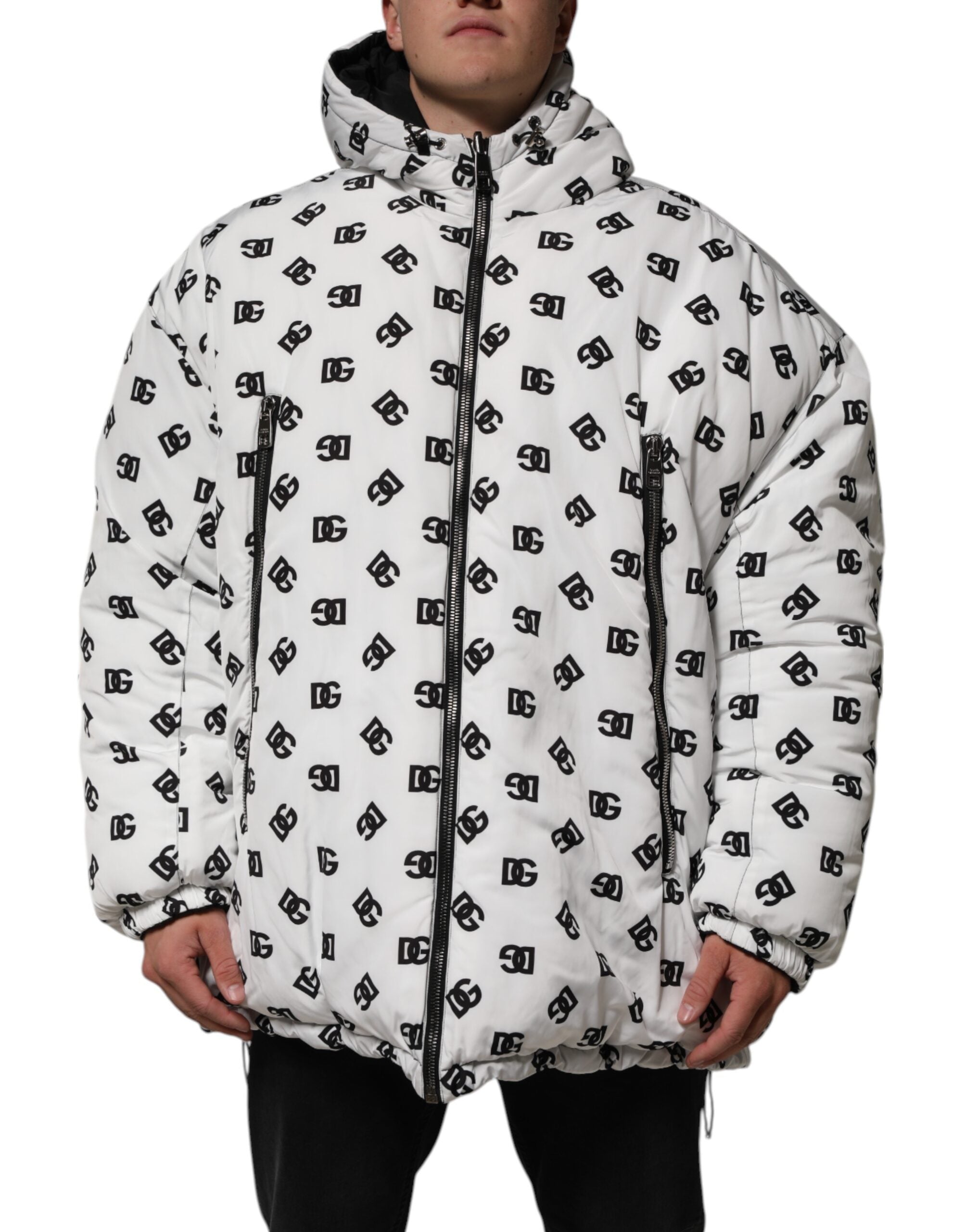 Dolce & Gabbana White DG Monogram Hooded Puffer Jacket
