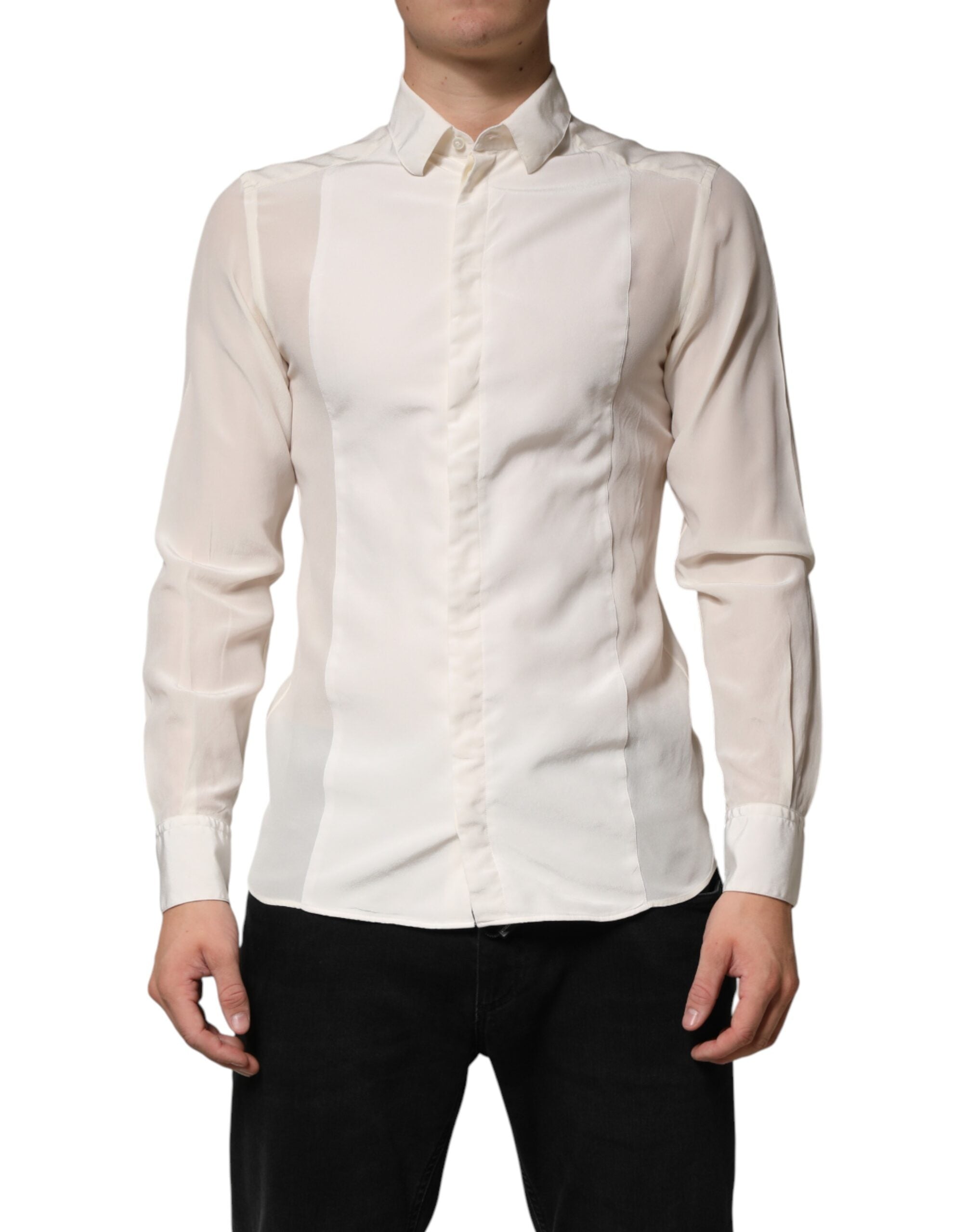 Dolce & Gabbana Off White Silk Men GOLD Dress Formal Shirt