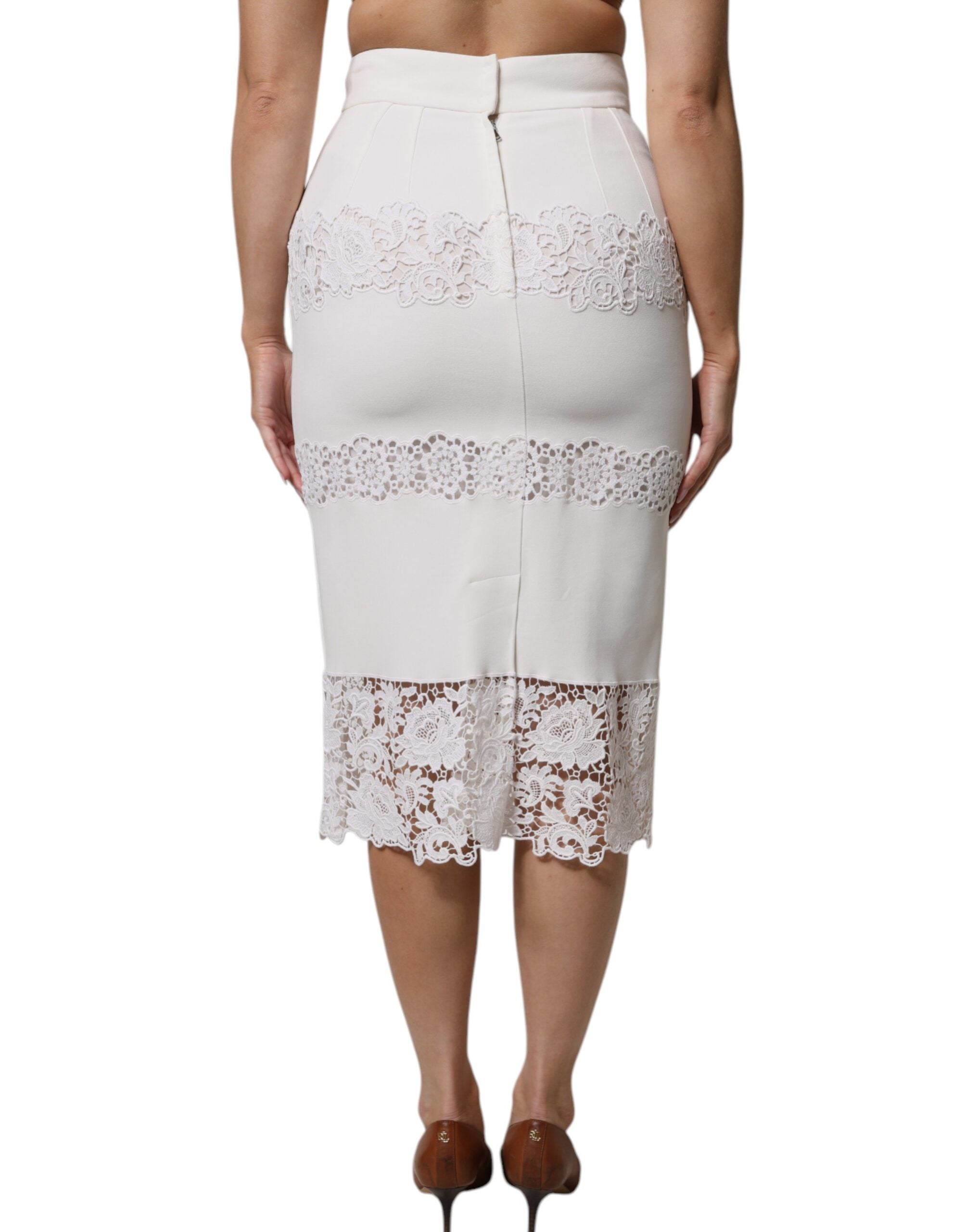 Dolce & Gabbana White Floral Lace High Waist Pencil Cut  Skirt