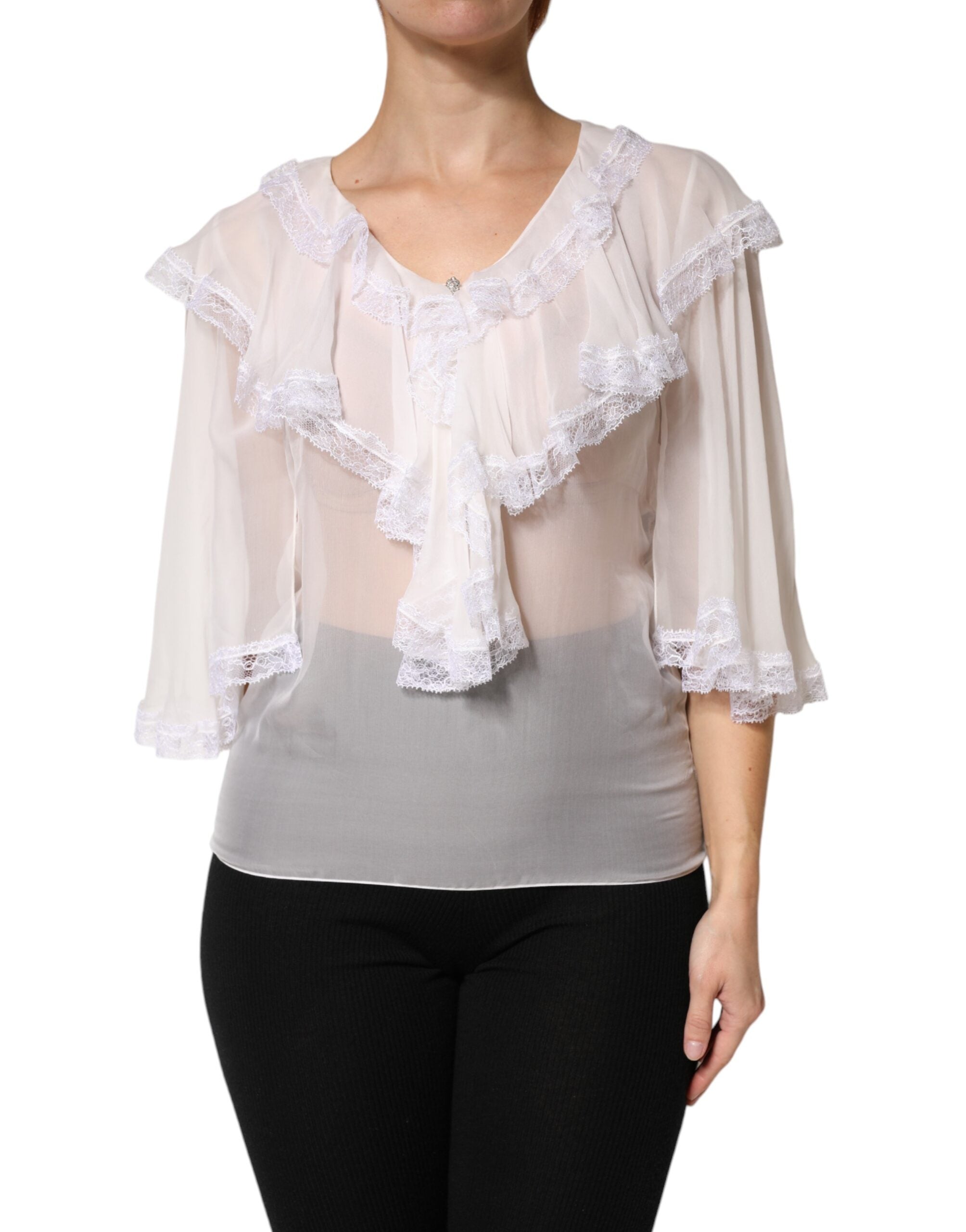 Dolce & Gabbana White Ruffles Lace Long Sleeve Blouse Top