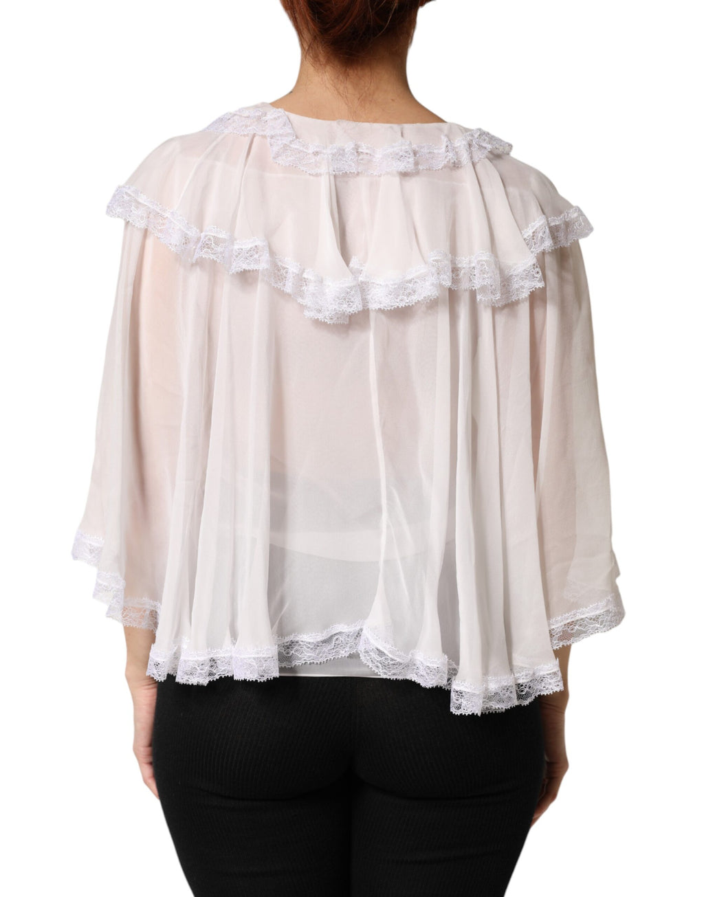Dolce & Gabbana White Ruffles Lace Long Sleeve Blouse Top