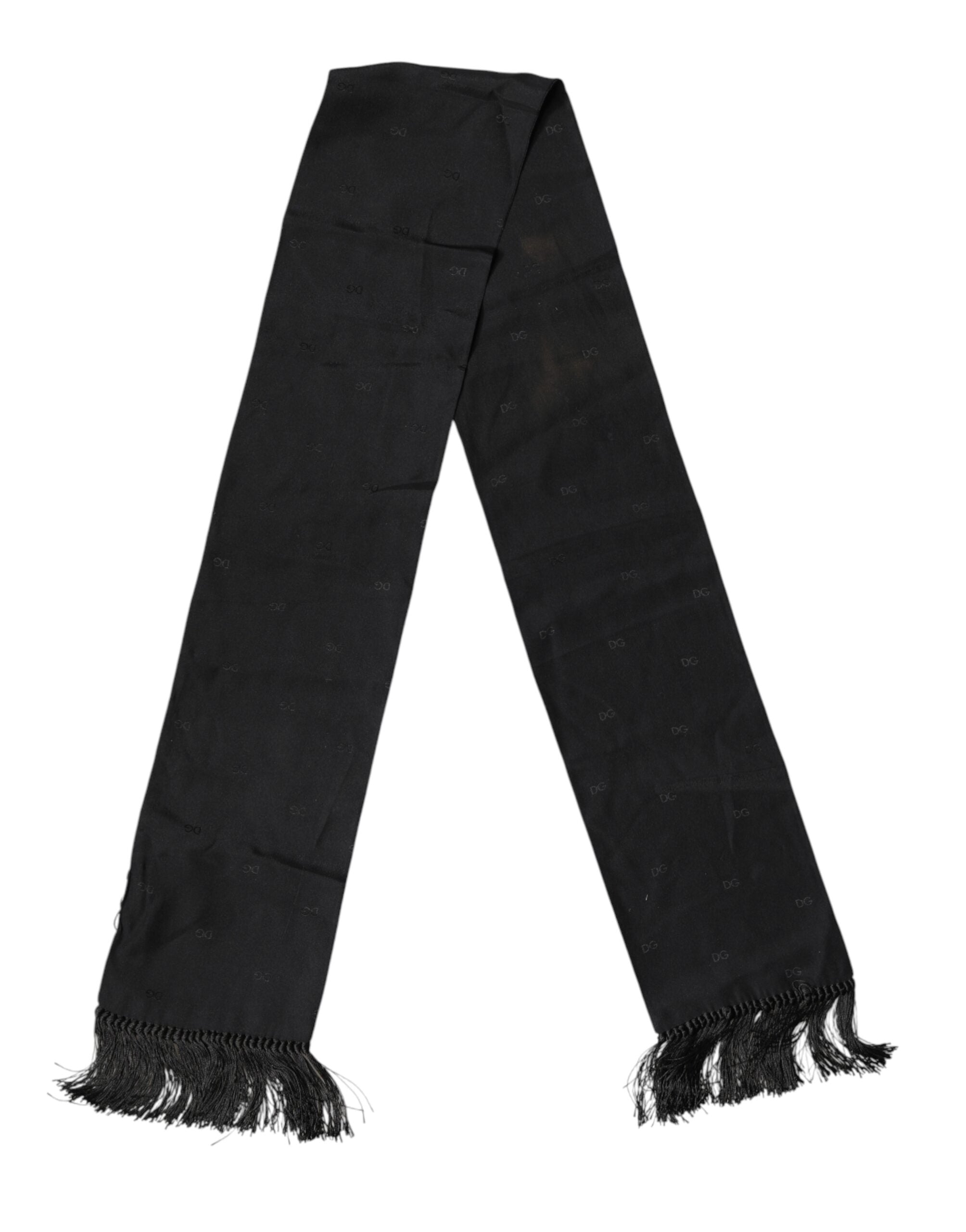 Dolce & Gabbana Black Logo Silk Fringes Neck Foulard Scarf