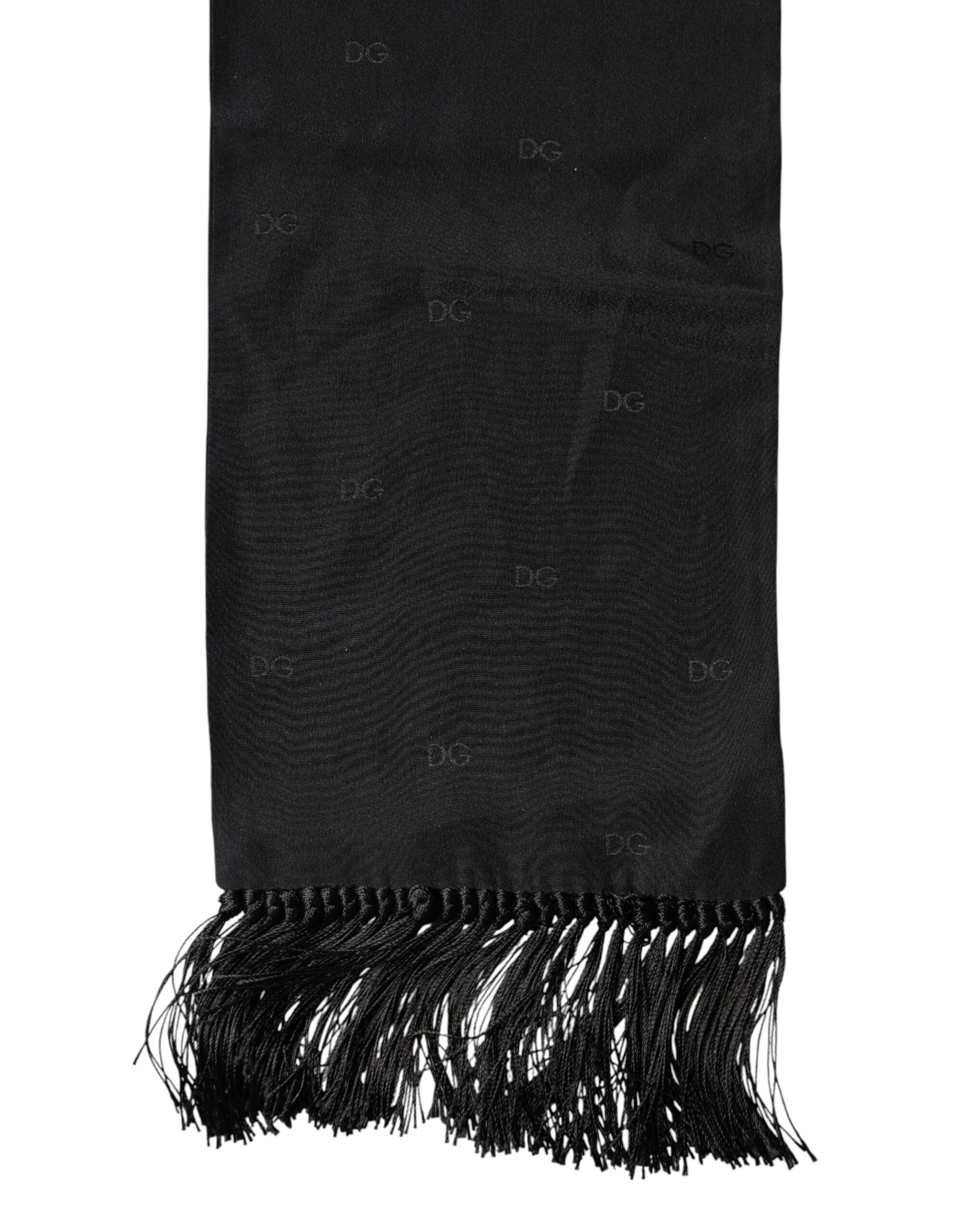 Dolce & Gabbana Black Logo Silk Fringes Neck Foulard Scarf