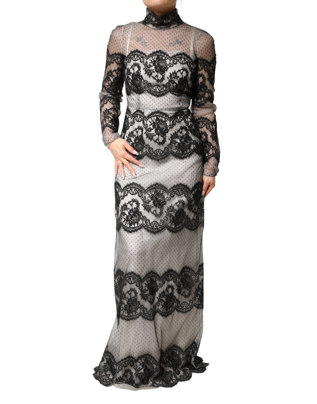 Dolce & Gabbana Black White Lace Silk Blend MaxiSheath Dress