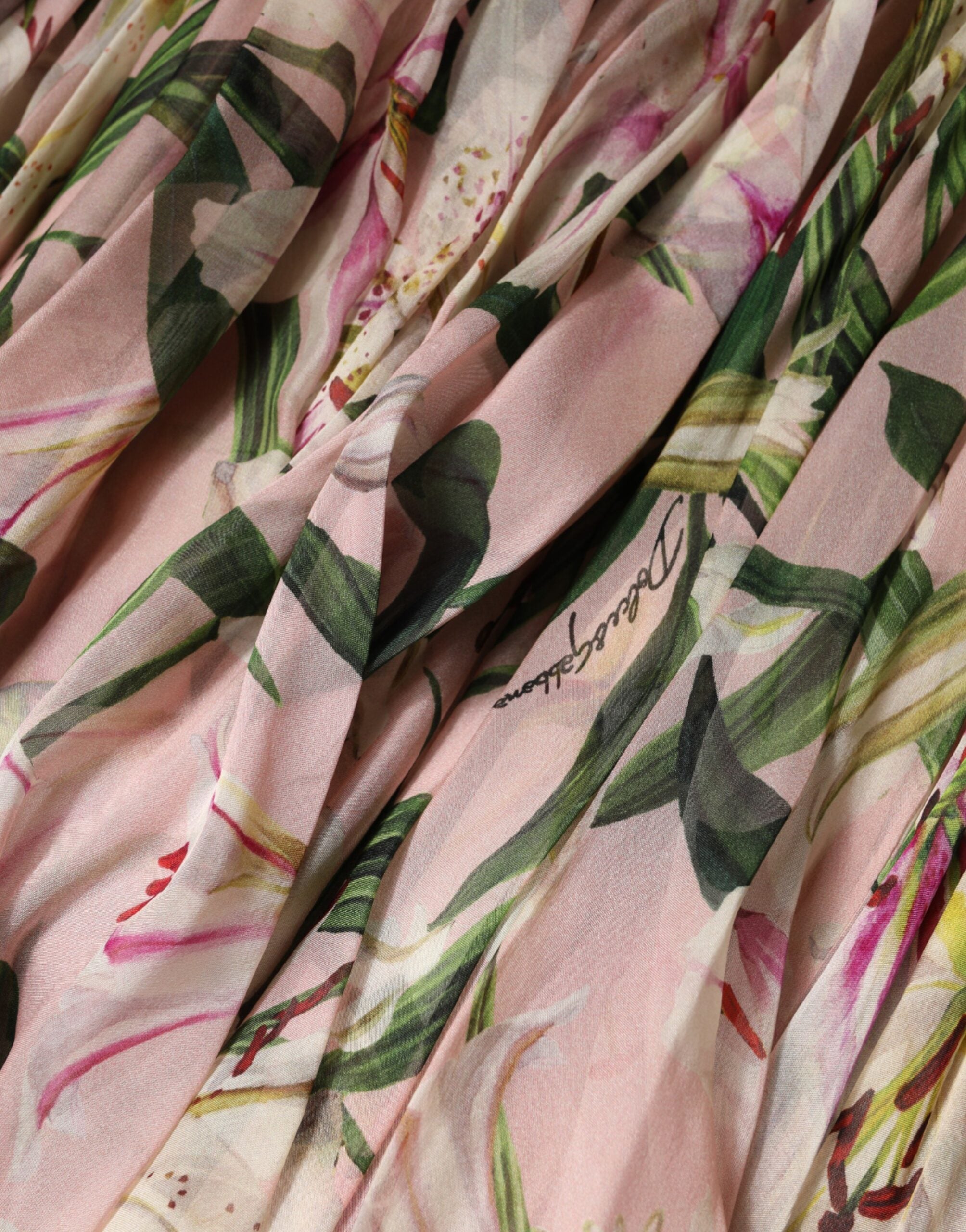 Dolce & Gabbana Pink Lily Print A-line Pleated Maxi Dress